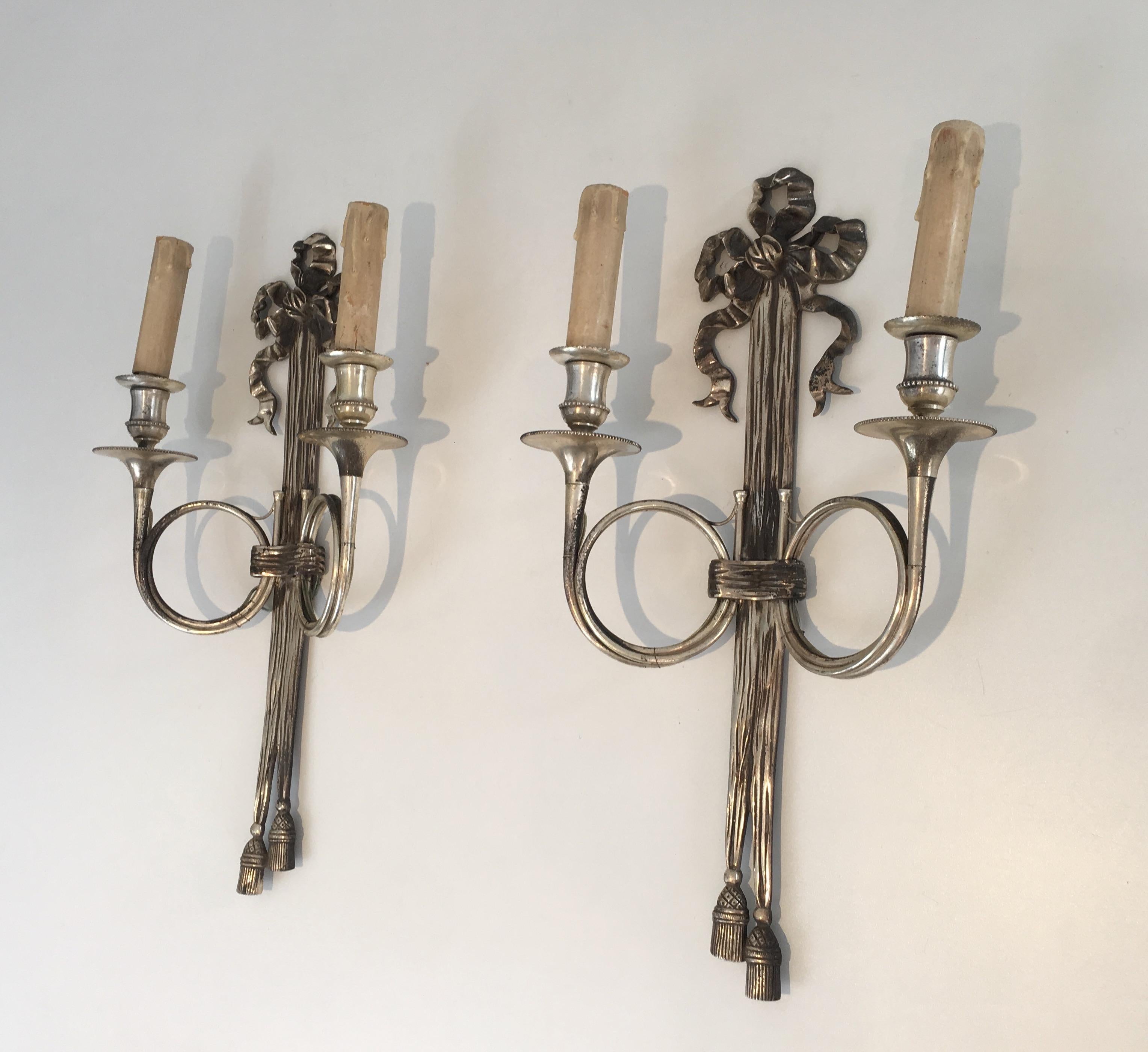 Maison Baguès, Pair of Neoclassical Style Tall Silvered Bronze Wall Sconces W 7