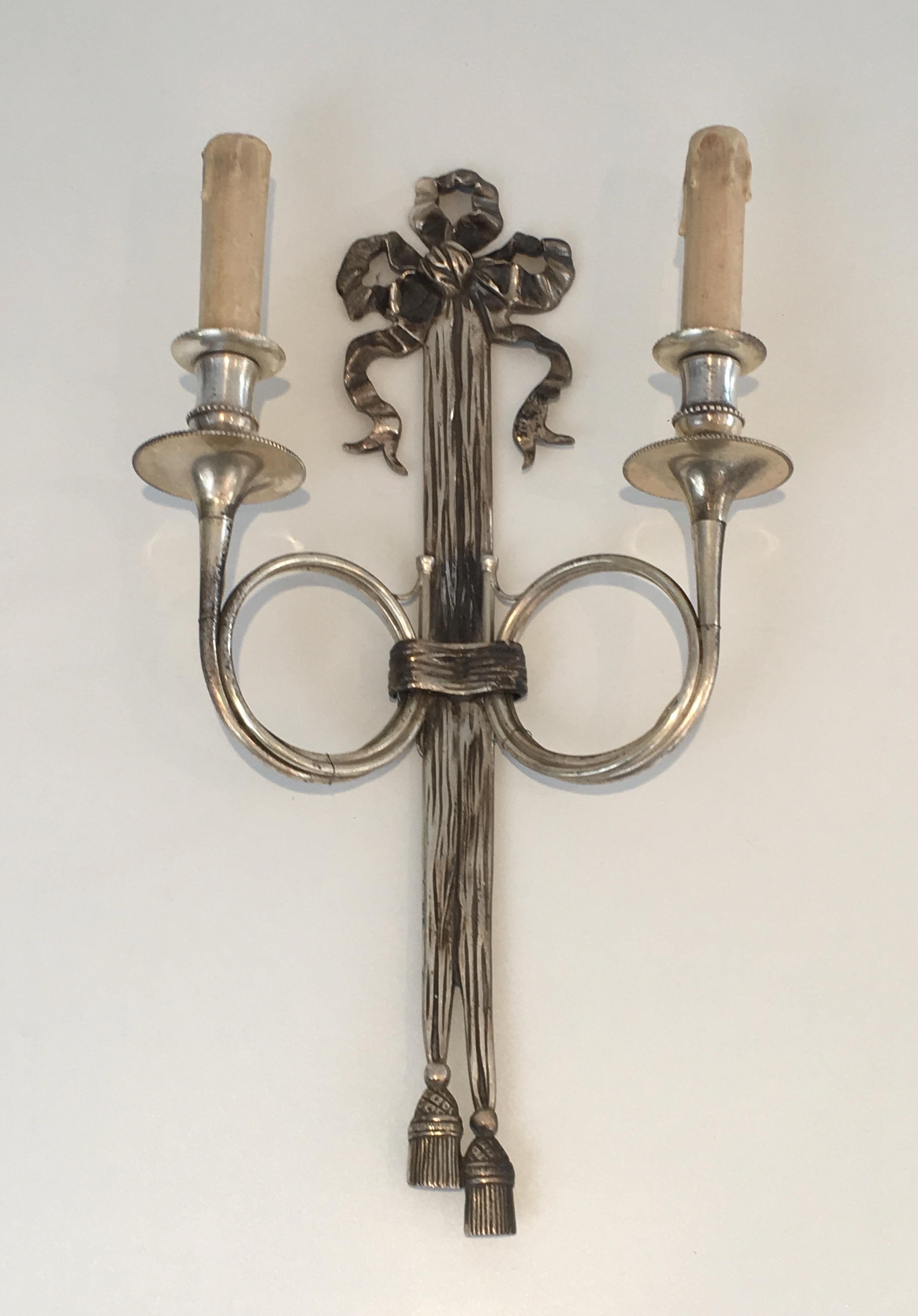French Maison Baguès, Pair of Neoclassical Style Tall Silvered Bronze Wall Sconces W