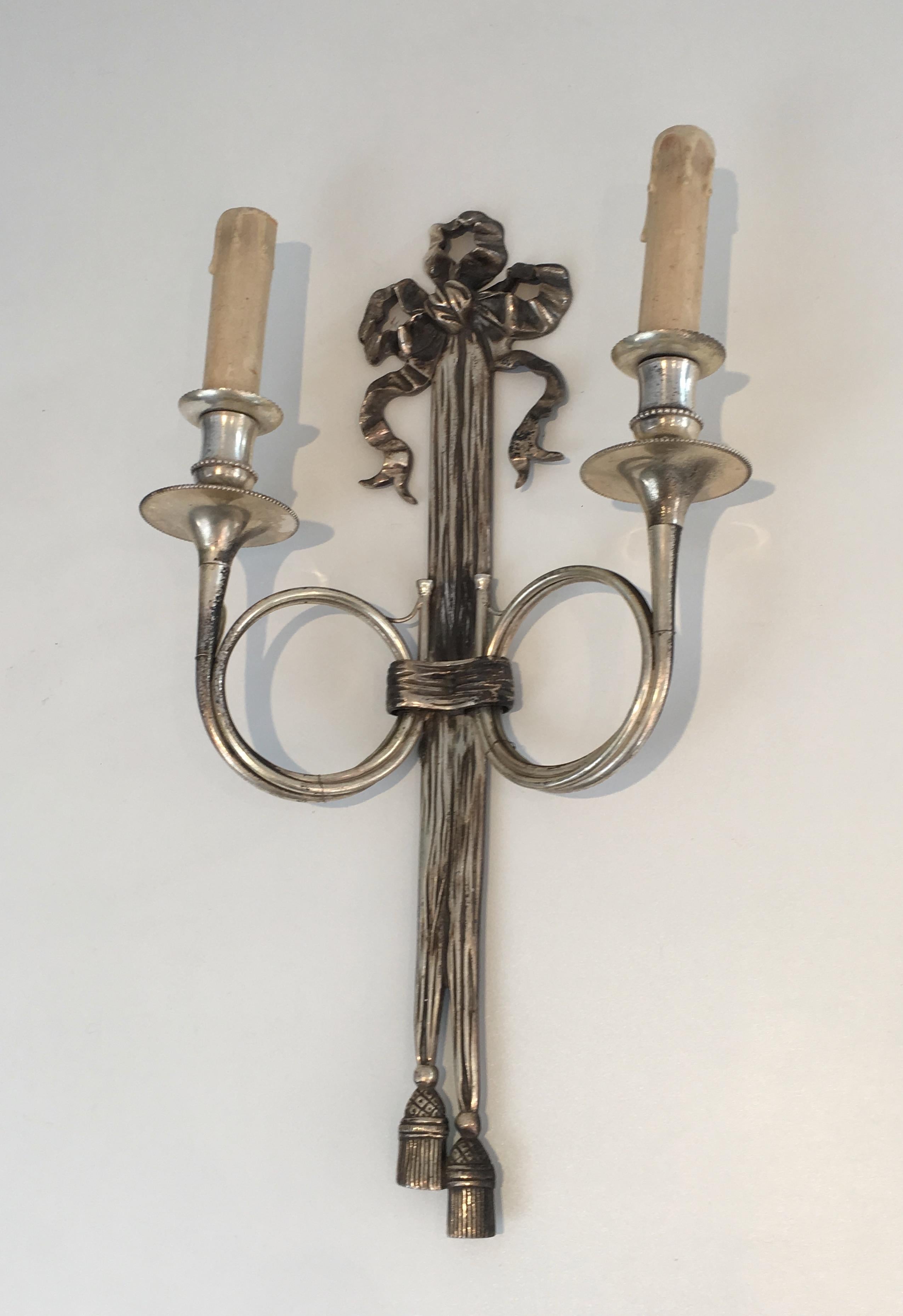 Maison Baguès, Pair of Neoclassical Style Tall Silvered Bronze Wall Sconces W In Good Condition In Marcq-en-Barœul, Hauts-de-France