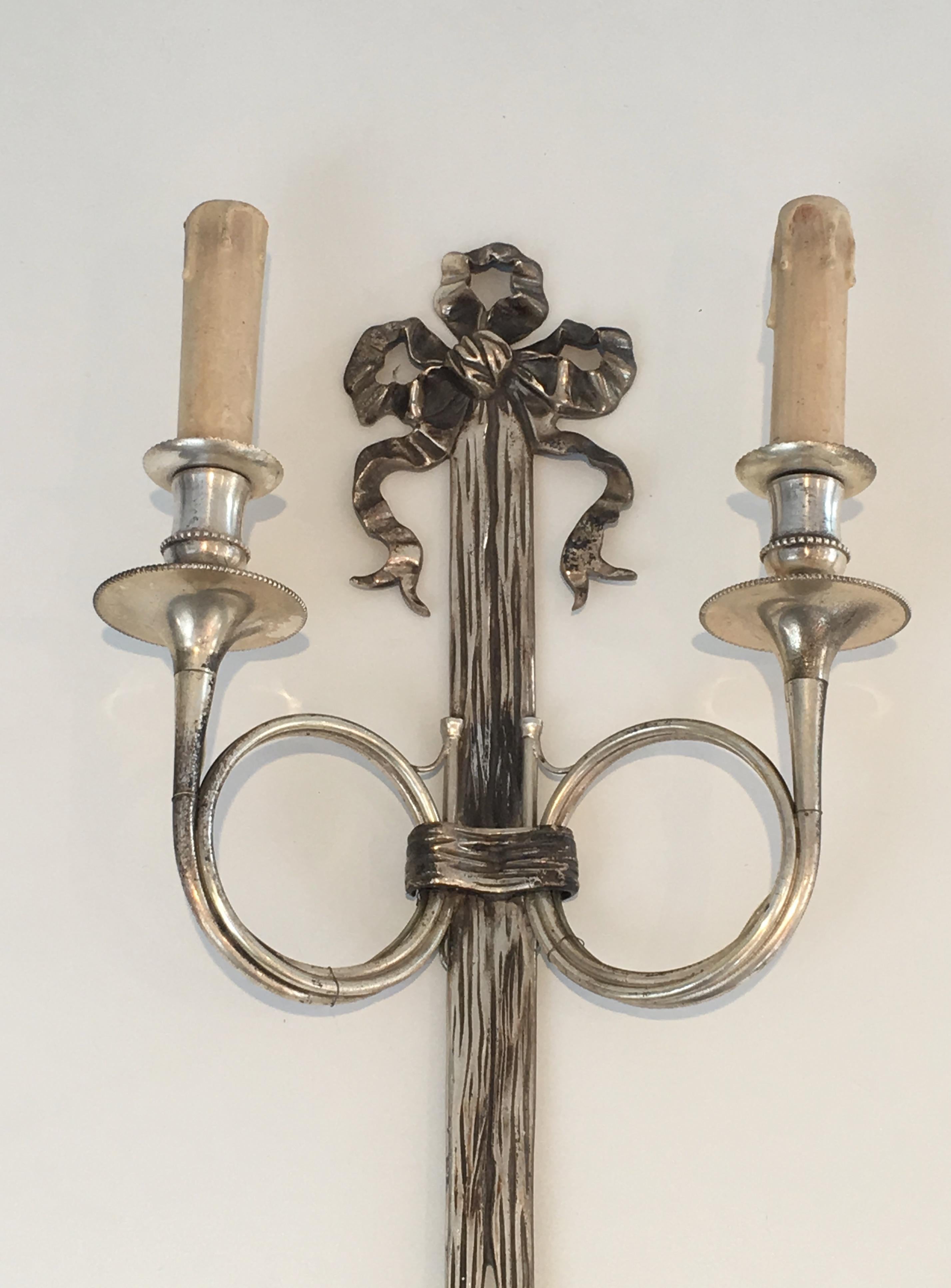 Mid-20th Century Maison Baguès, Pair of Neoclassical Style Tall Silvered Bronze Wall Sconces W