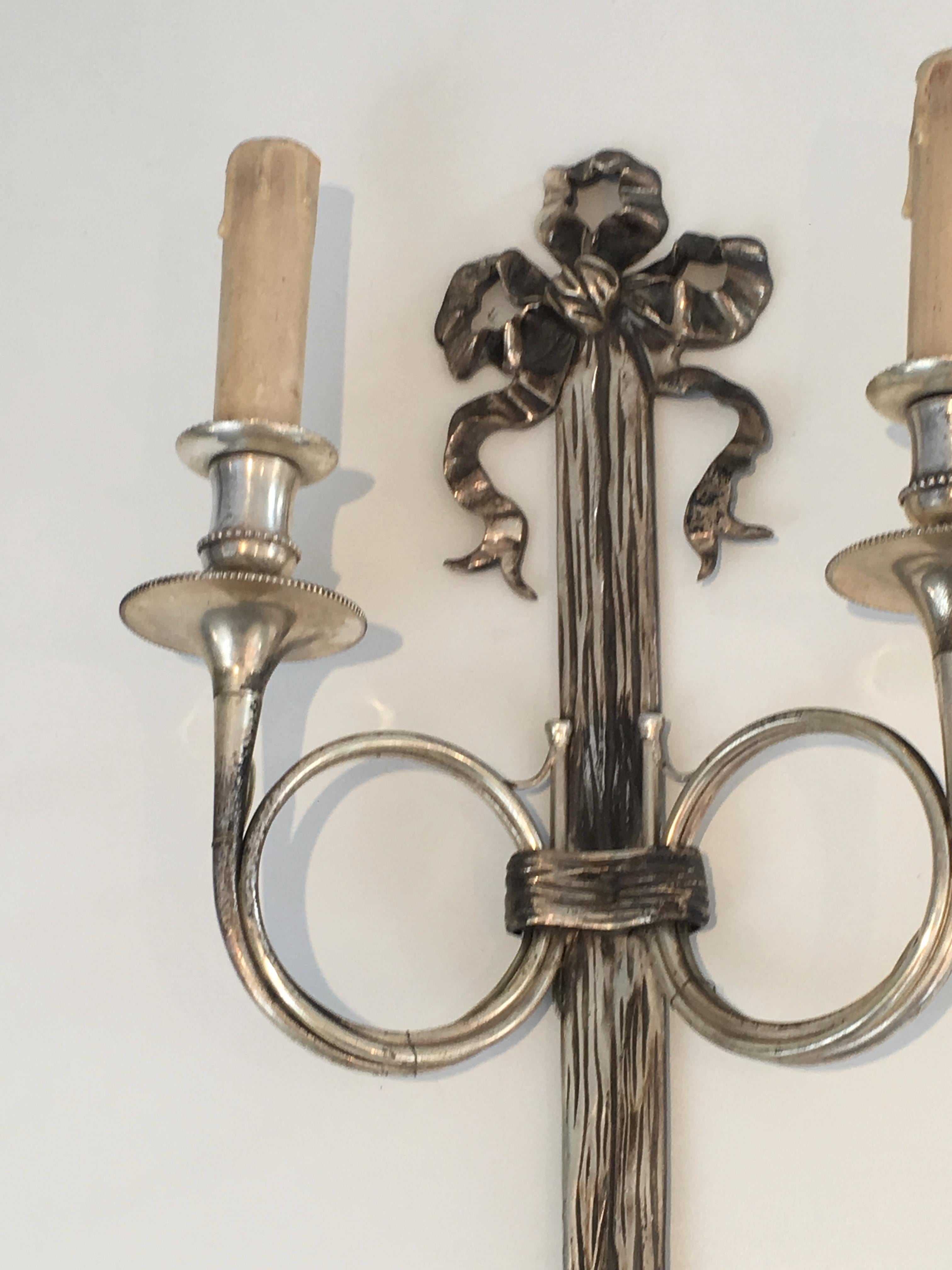 Maison Baguès, Pair of Neoclassical Style Tall Silvered Bronze Wall Sconces W 2