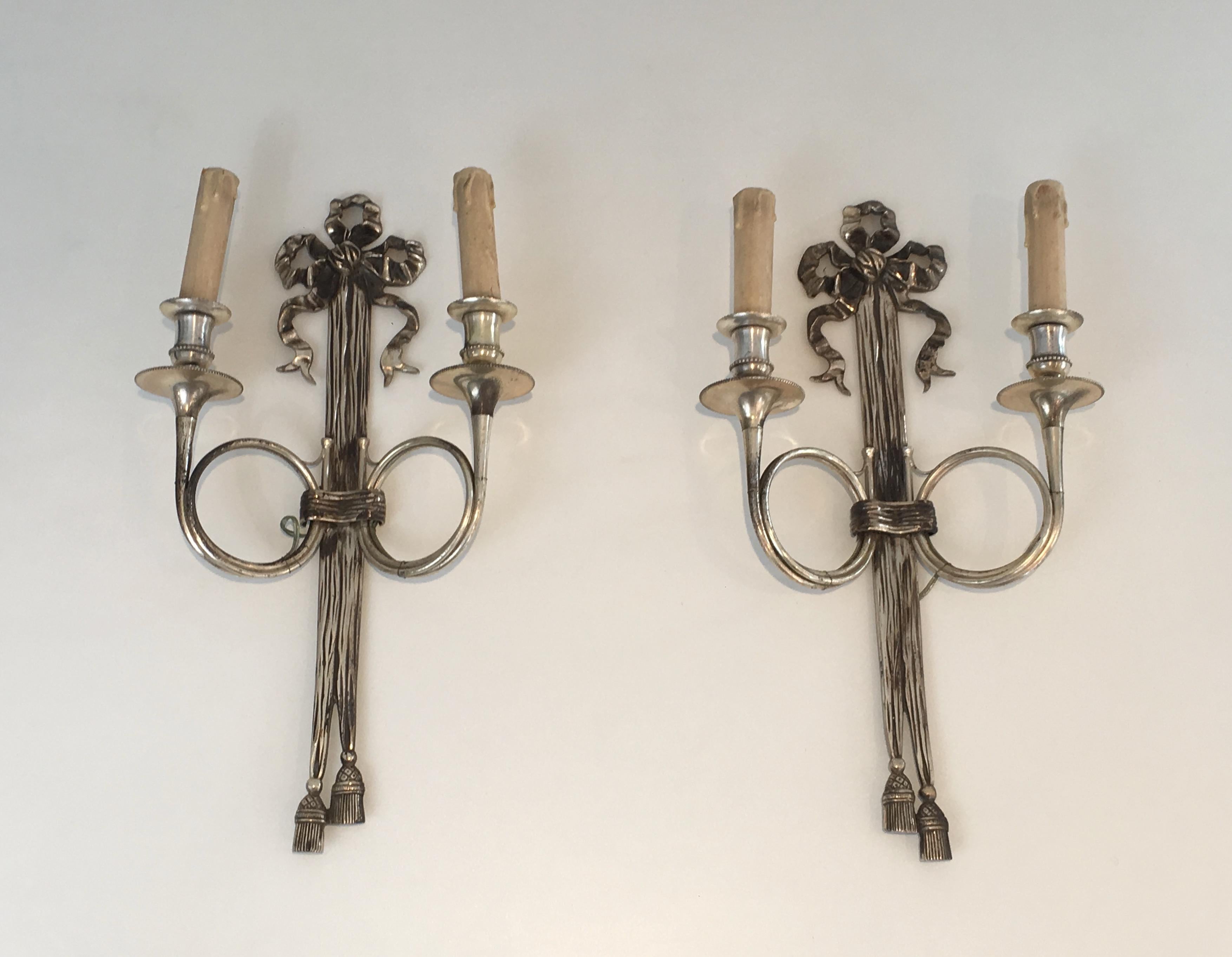 Maison Baguès, Pair of Neoclassical Style Tall Silvered Bronze Wall Sconces W 4