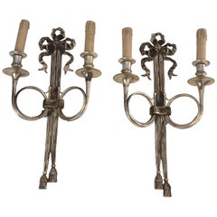Maison Baguès, Pair of Neoclassical Style Tall Silvered Bronze Wall Sconces W