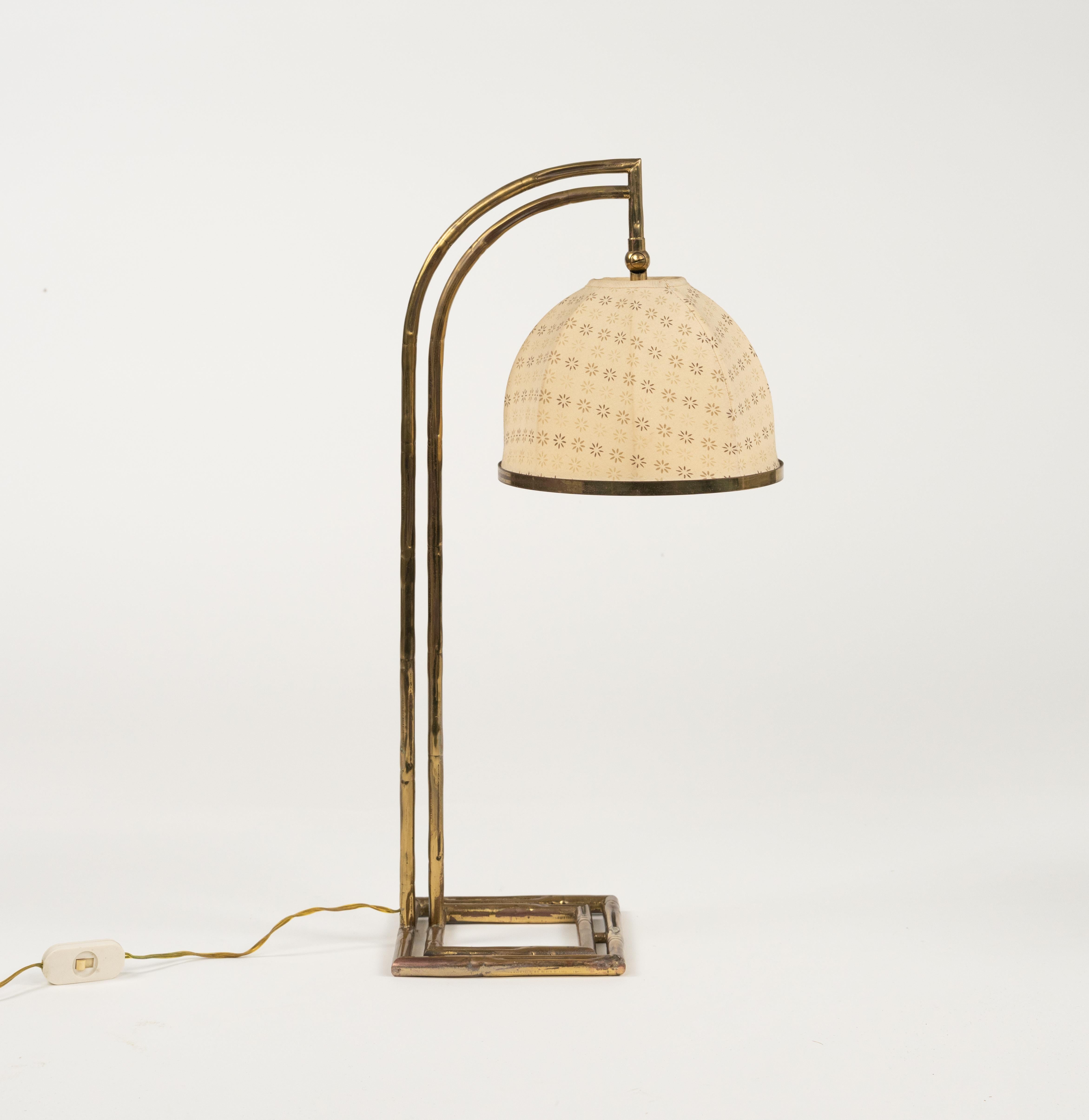 Maison Baguès Pair of Table Lamps in Brass Faux Bamboo and Fabric, Italy 1960s For Sale 5