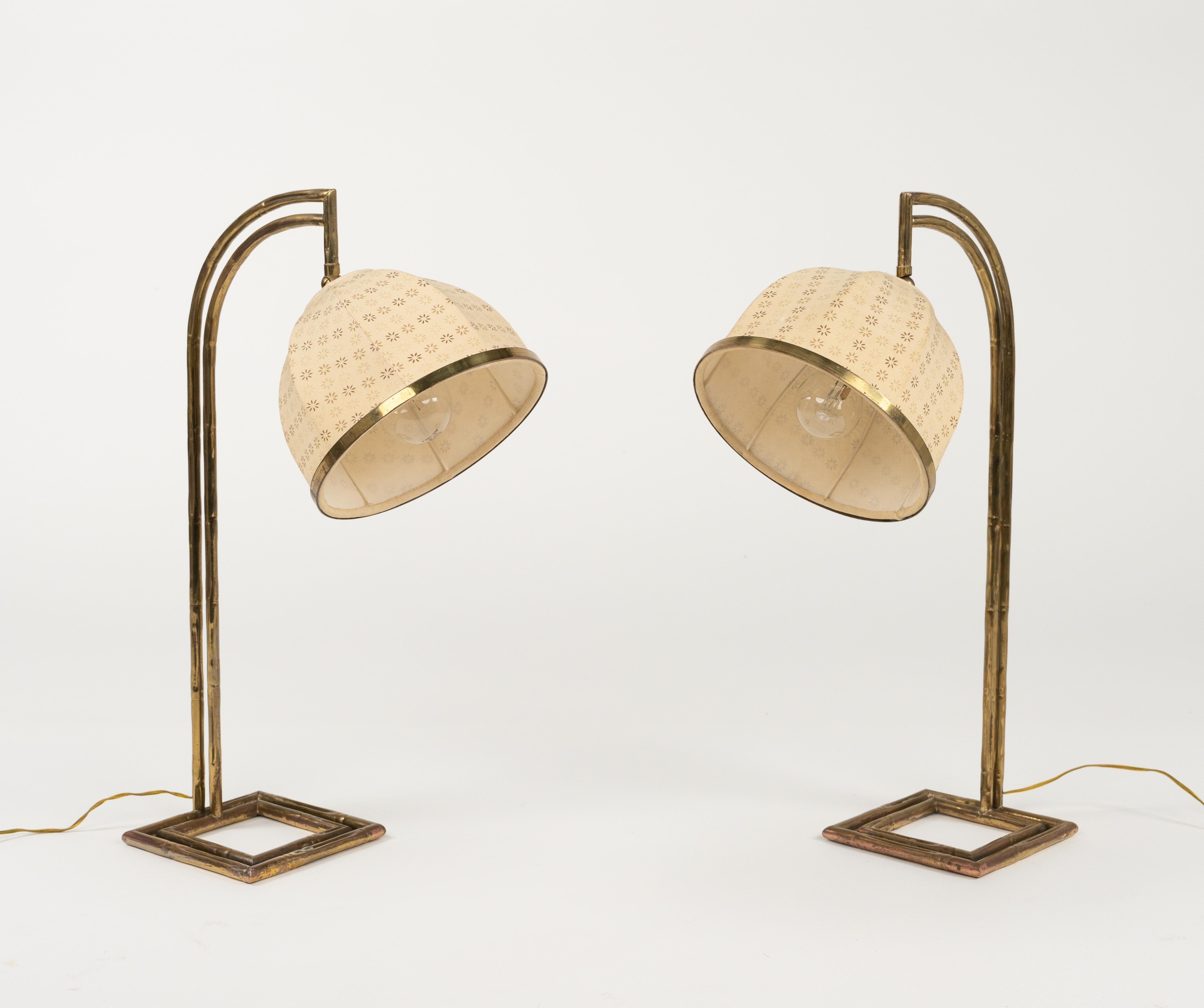 Maison Baguès Pair of Table Lamps in Brass Faux Bamboo and Fabric, Italy 1960s For Sale 8