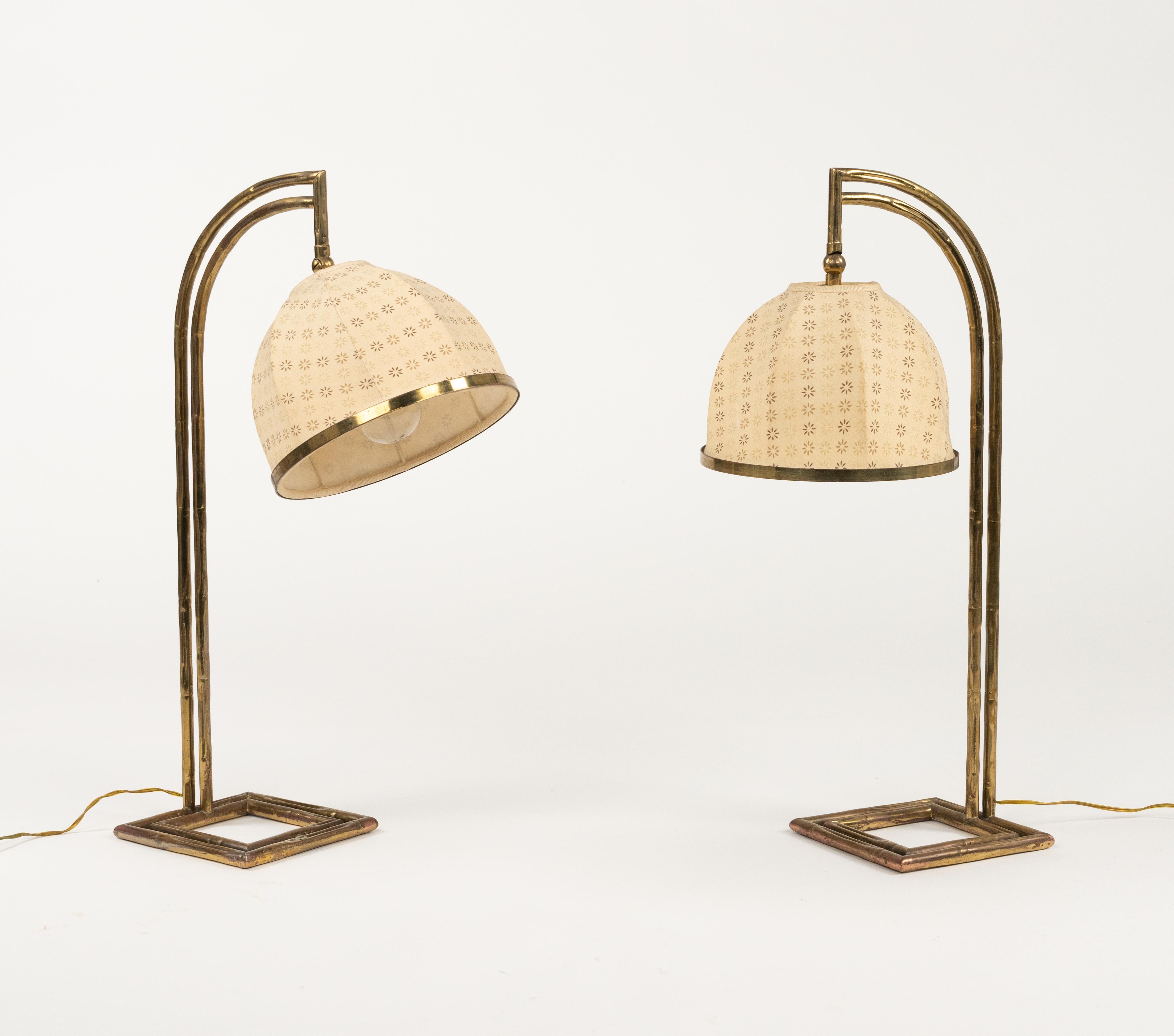 Maison Baguès Pair of Table Lamps in Brass Faux Bamboo and Fabric, Italy 1960s For Sale 9
