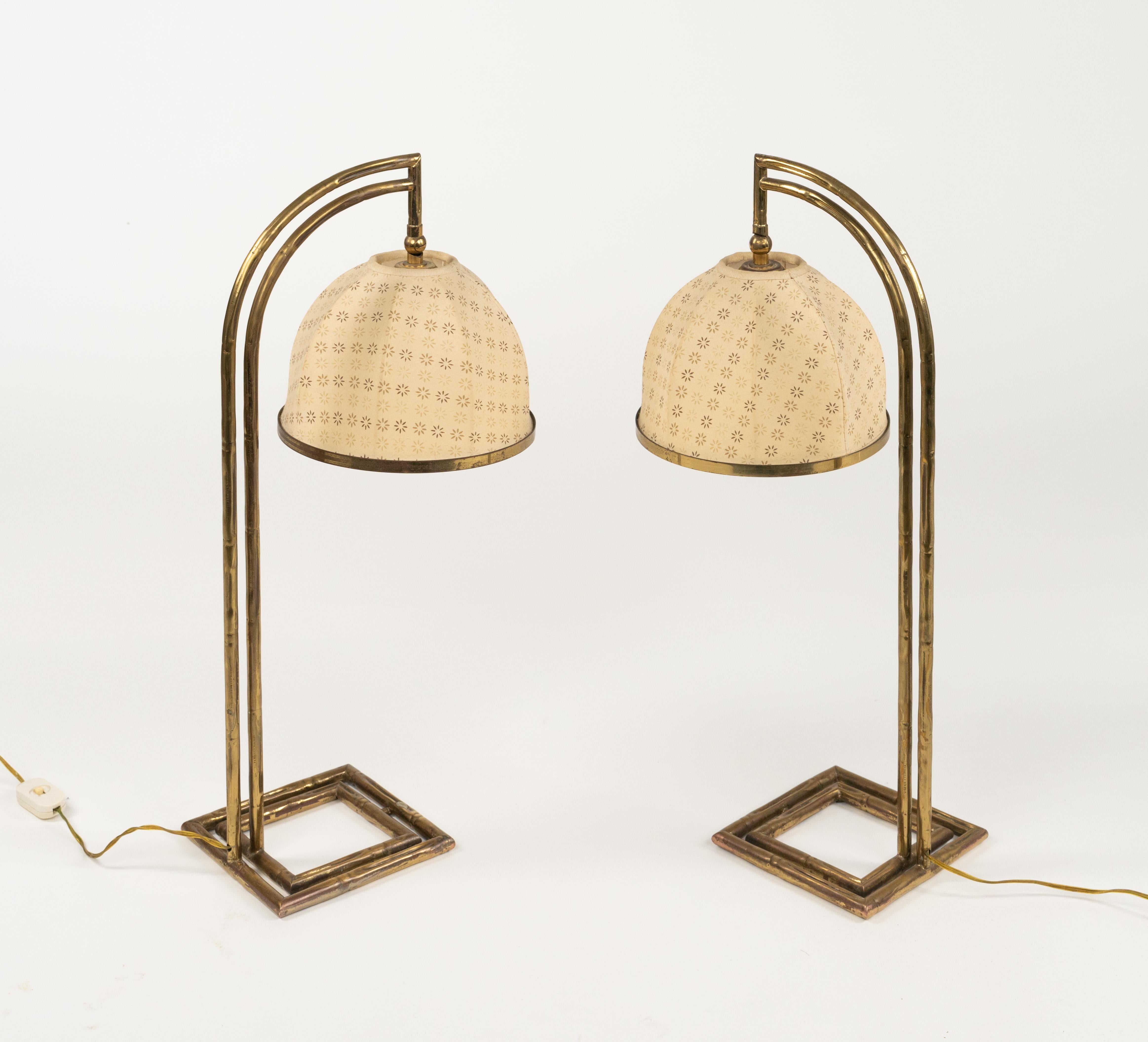 Maison Baguès Pair of Table Lamps in Brass Faux Bamboo and Fabric, Italy 1960s For Sale 14