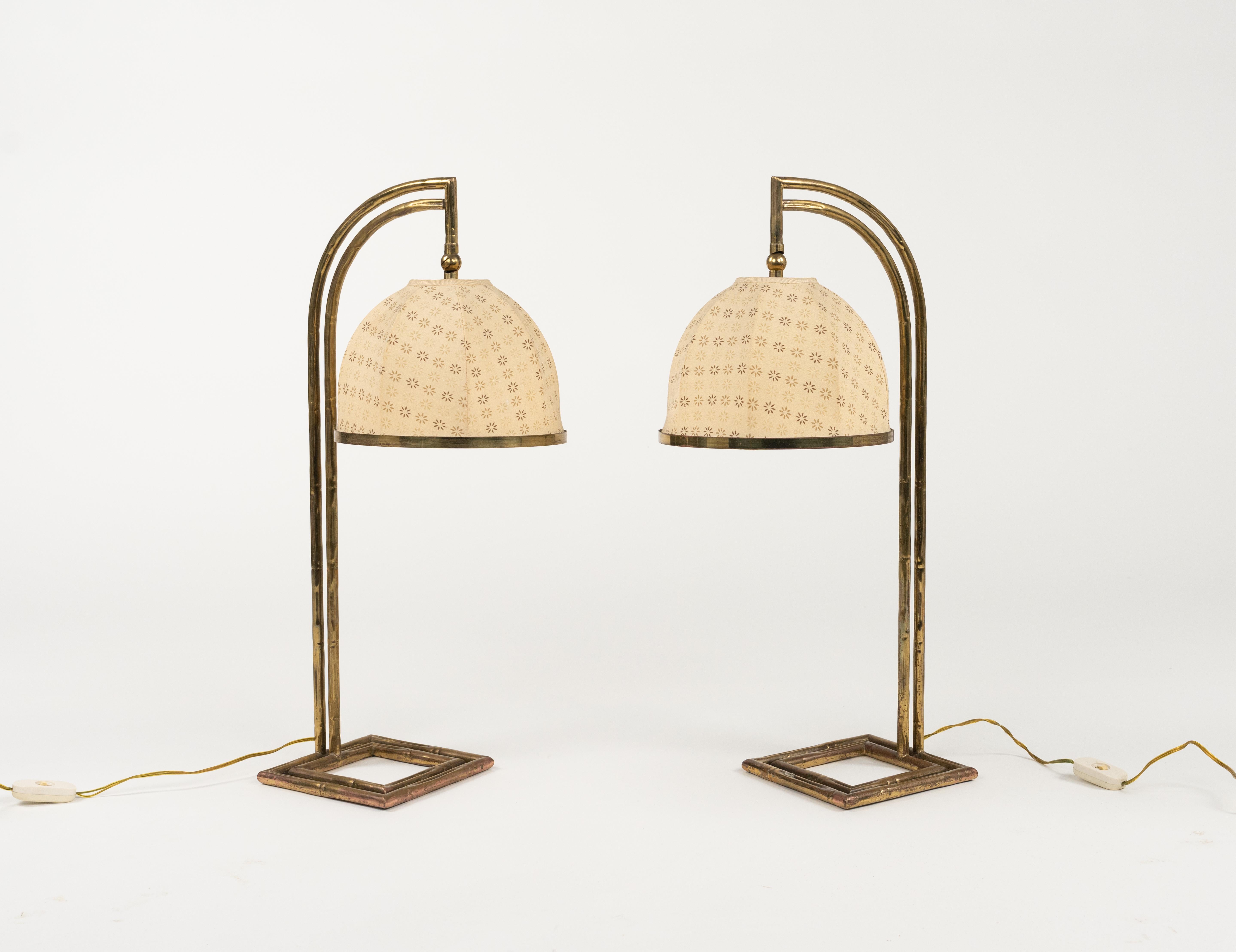 Italian Maison Baguès Pair of Table Lamps in Brass Faux Bamboo and Fabric, Italy 1960s