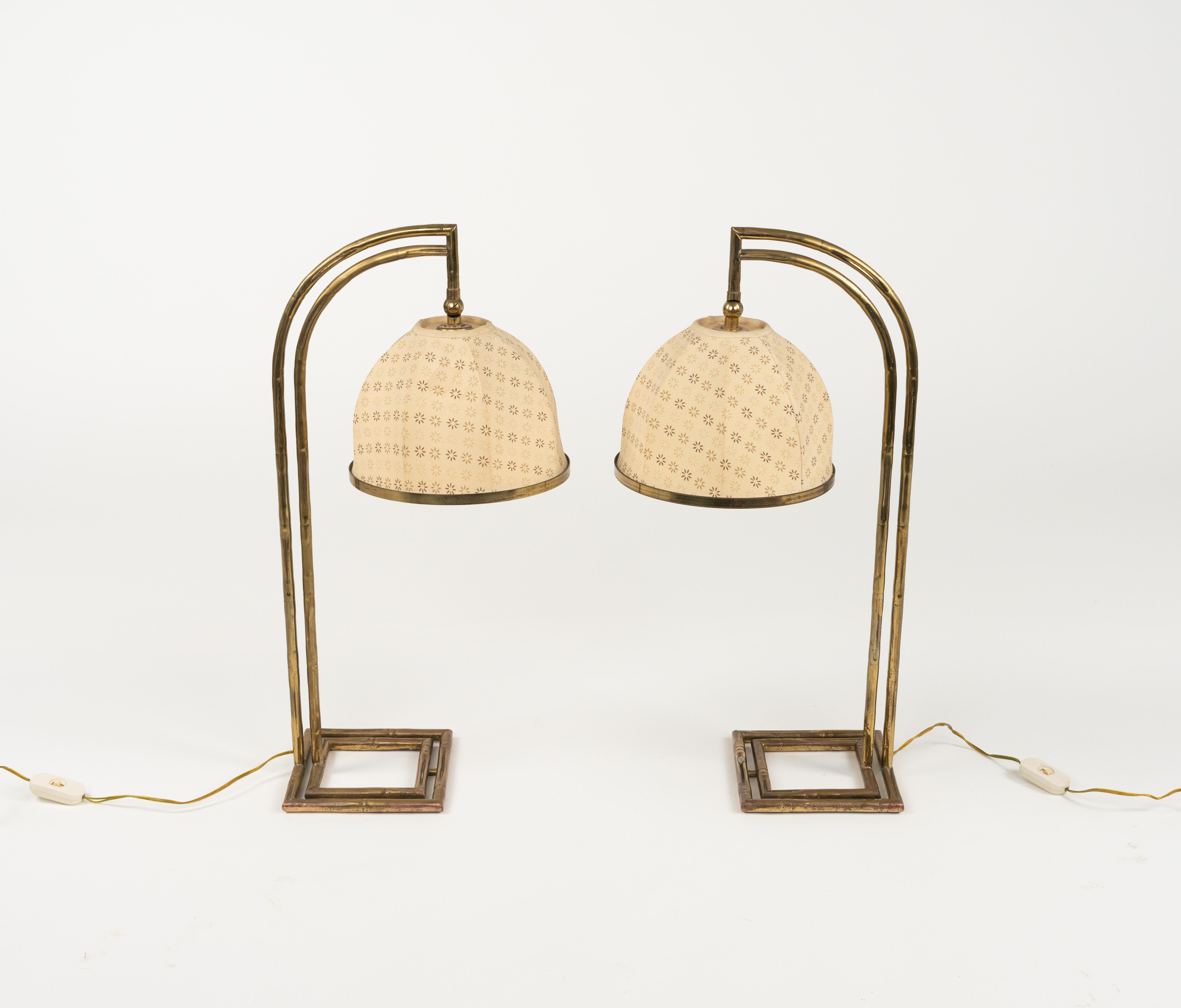 Maison Baguès Pair of Table Lamps in Brass Faux Bamboo and Fabric, Italy 1960s For Sale 1
