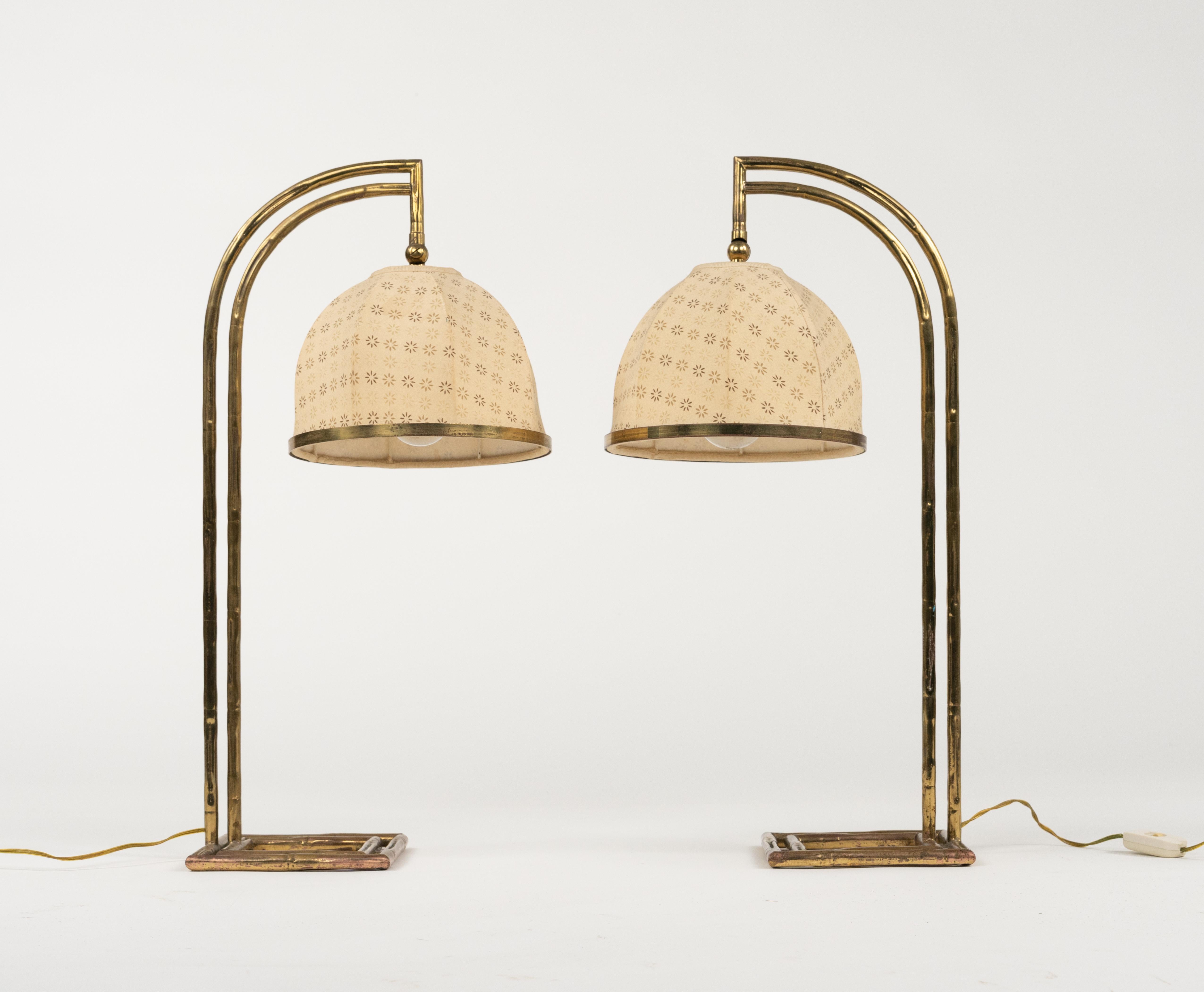 Maison Baguès Pair of Table Lamps in Brass Faux Bamboo and Fabric, Italy 1960s For Sale 2