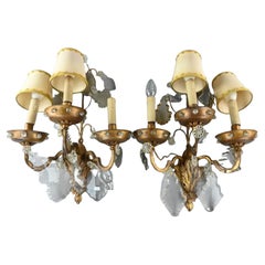 Pair of Wall Lights in Gilded Metal and Glass, 1950s, Maison Bagues