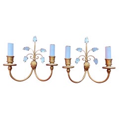 "Maison Bagues" Pair of Wall Lights in Gilded Metal and Glass / Mirror circa 195