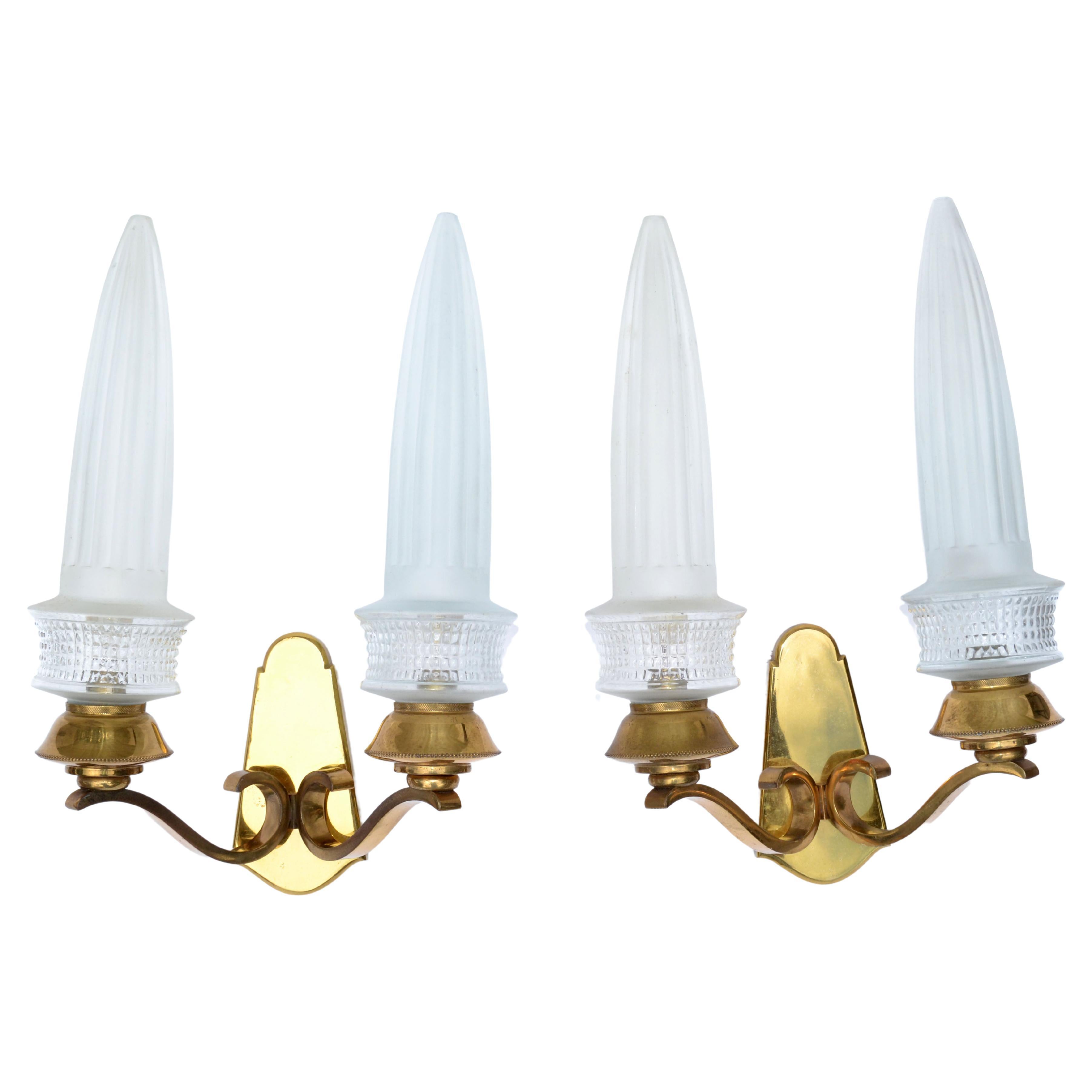 Maison Baguès Paris Mid-Century Modern Bronze & Blown Glass Shade Sconces, Pair