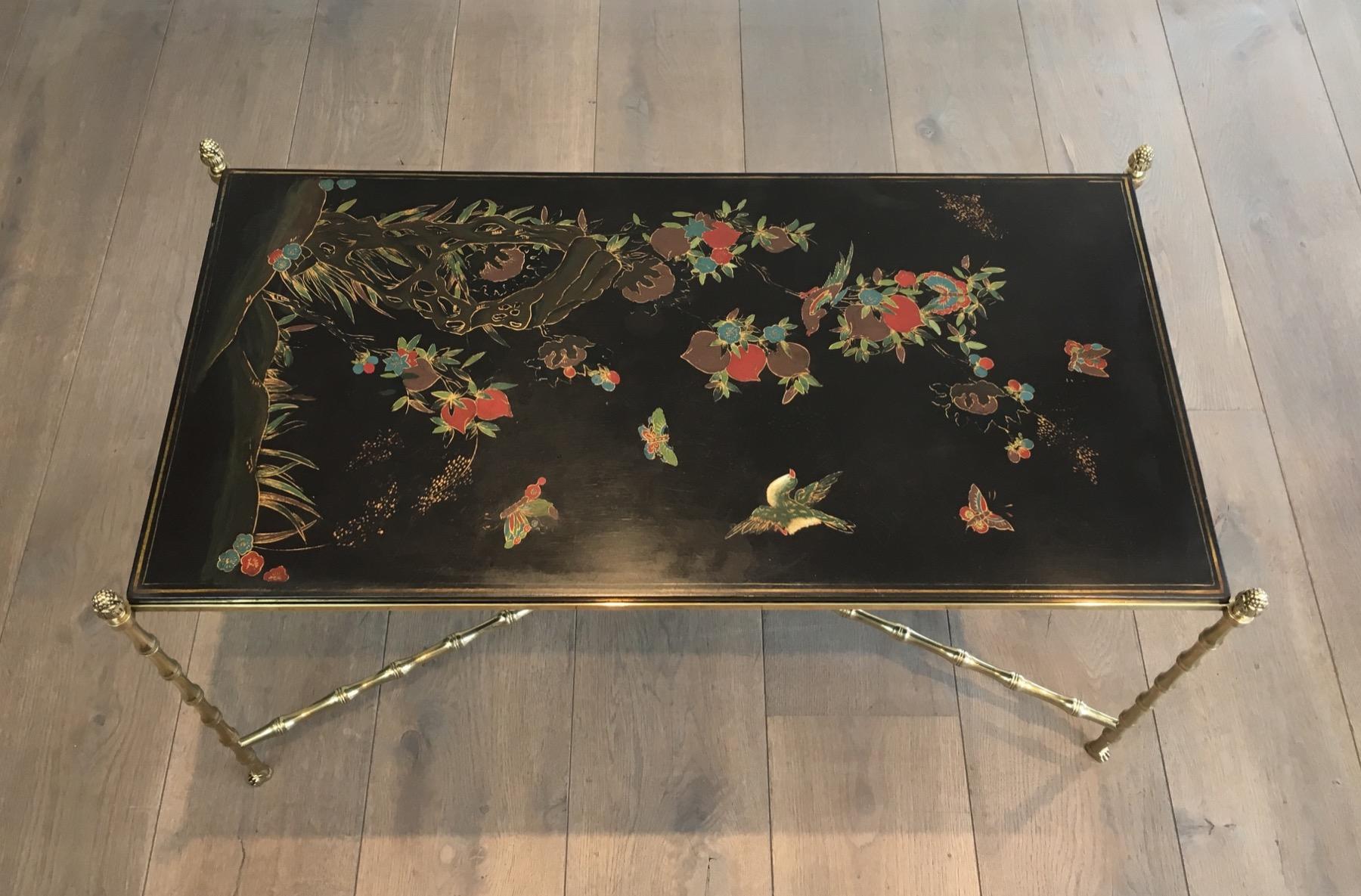 Lacquered Maison Bagués. Rare Neoclassical Bronze Coffee Table with Faux-Bambo