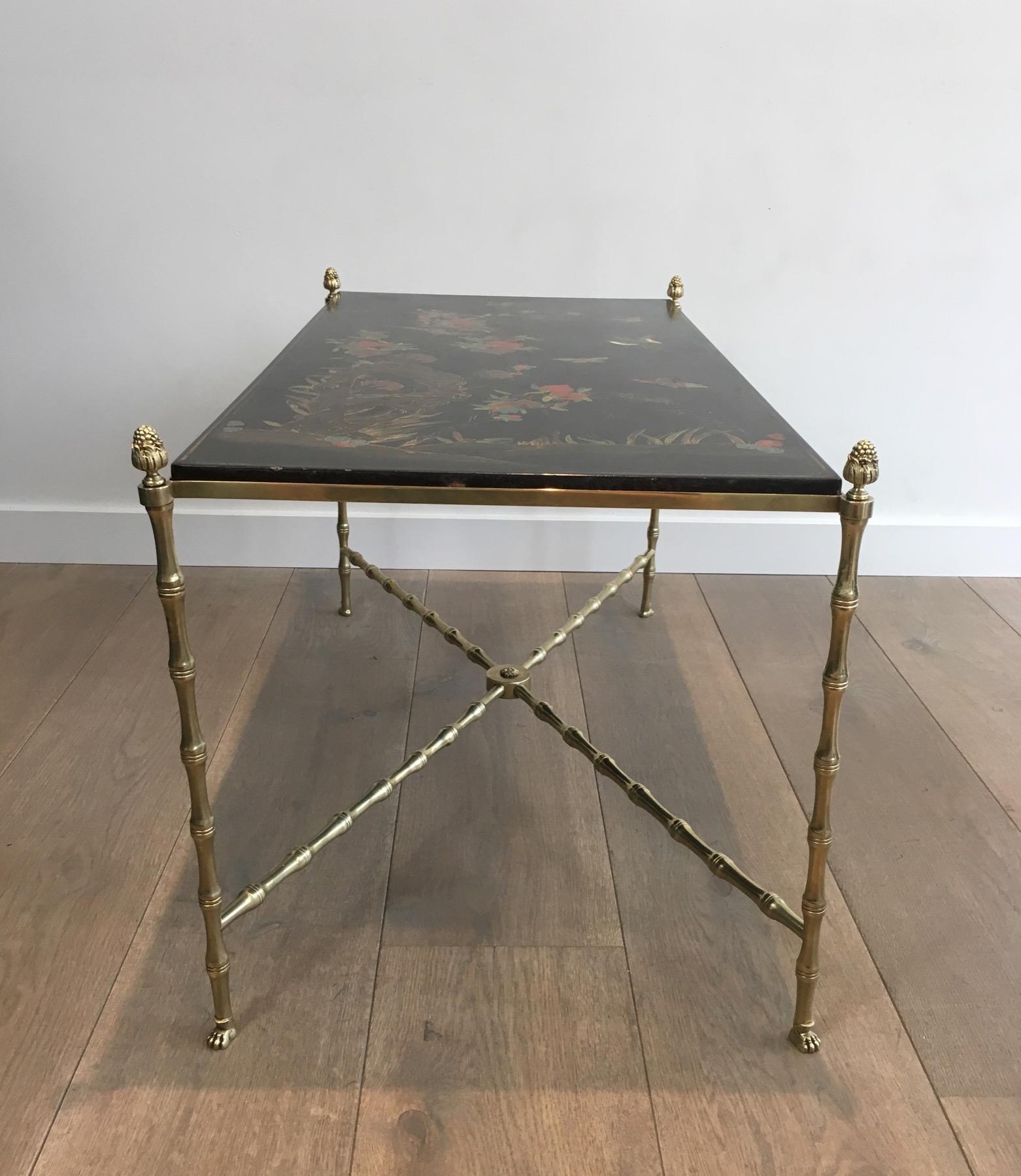 Wood Maison Bagués. Rare Neoclassical Bronze Coffee Table with Faux-Bambo