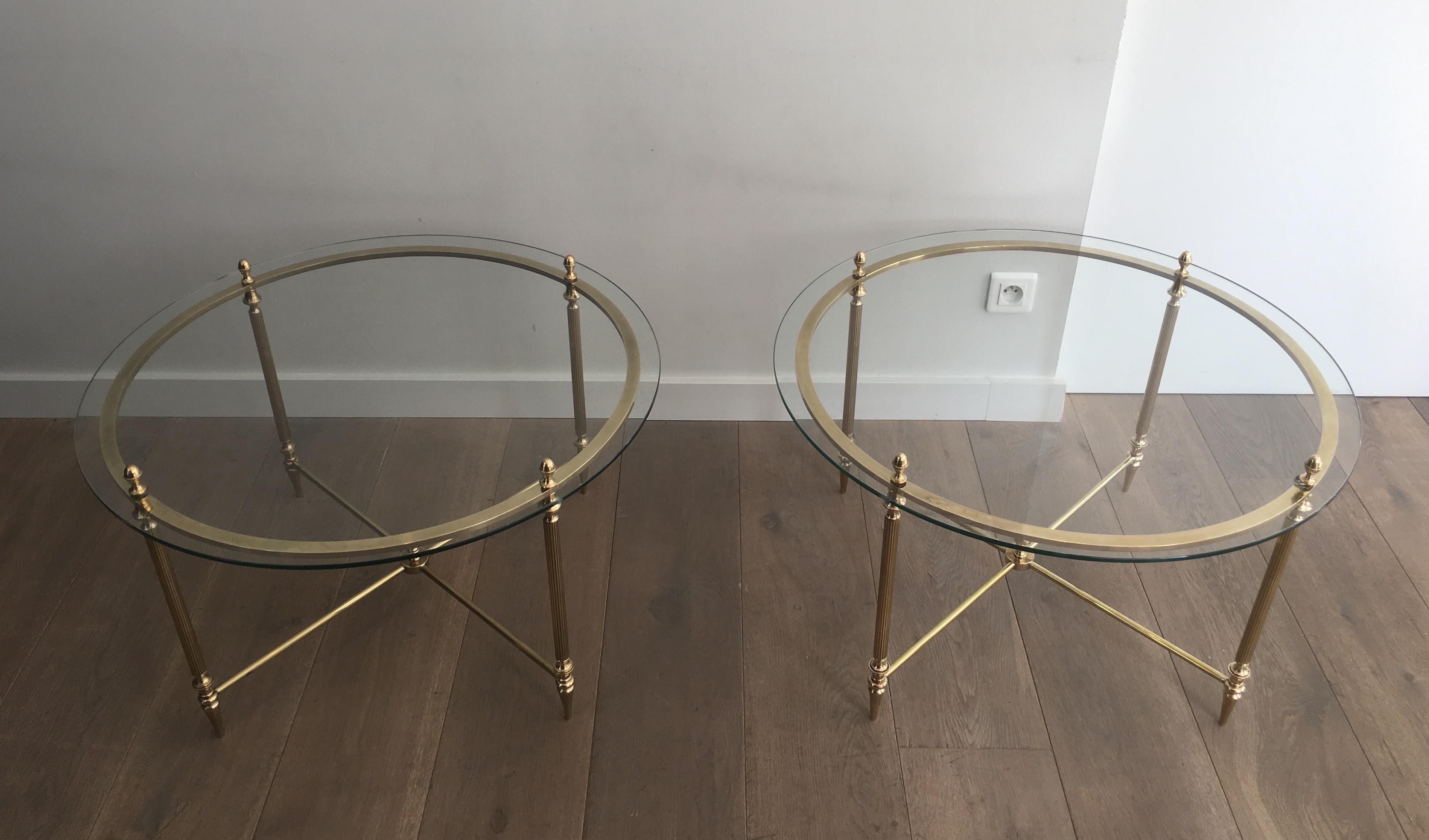 French Maison Bagués, Rare Pair of Neoclassical Round Brass and Glass Side Tables For Sale