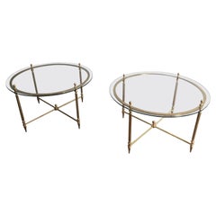 Maison Bagués, Rare Pair of Neoclassical Round Brass and Glass Side Tables