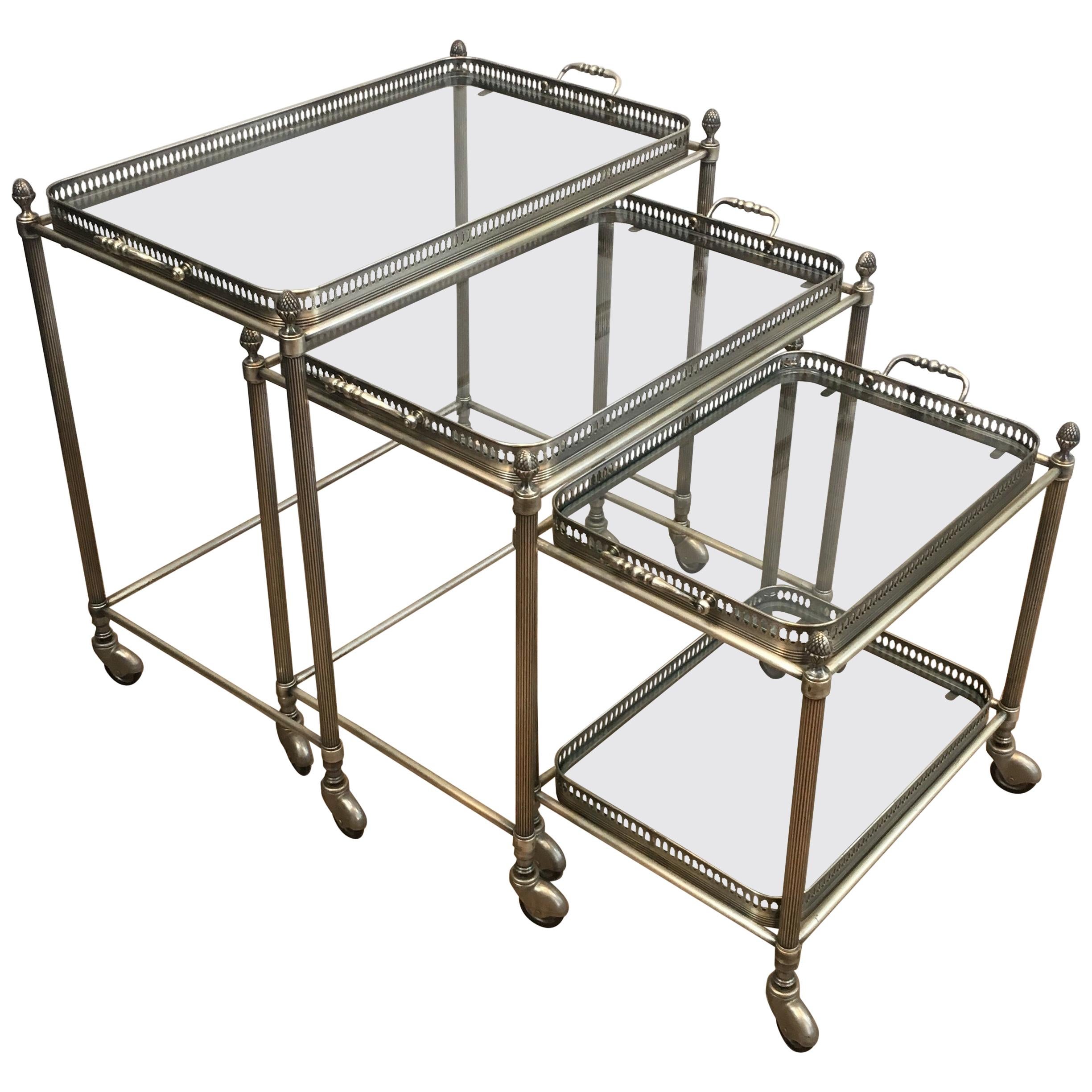Maison Bagués, Rare Set of 3 Neoclassical Style Silvered Brass Nesting Tables