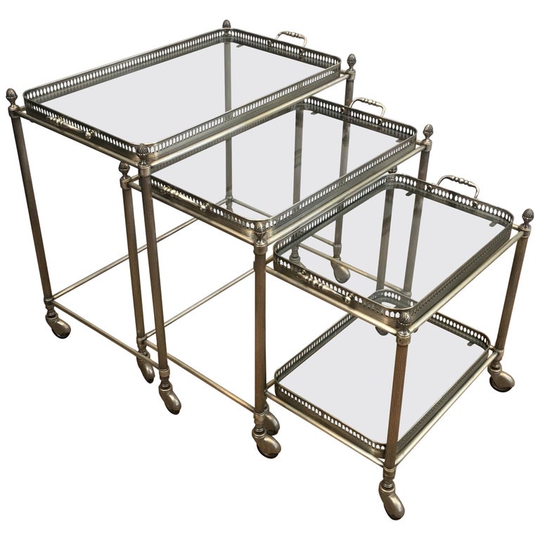 Maison Bagués, Rare Set of 3 Neoclassical Style Silvered Brass Nesting Tables For Sale