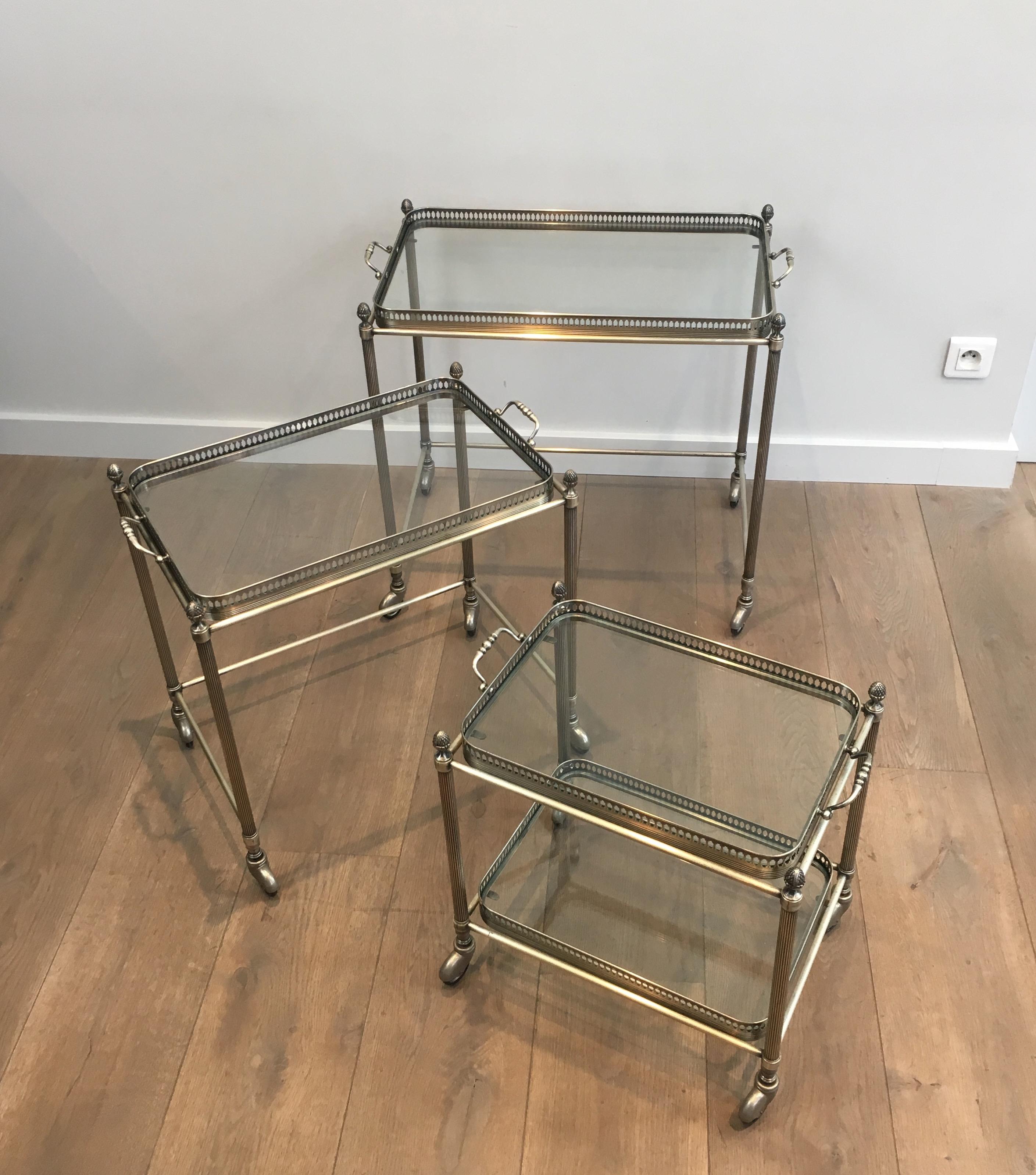 Maison Bagués, Rare Set of 3 Neoclassical Style Silvered Brass Nesting Tables 7