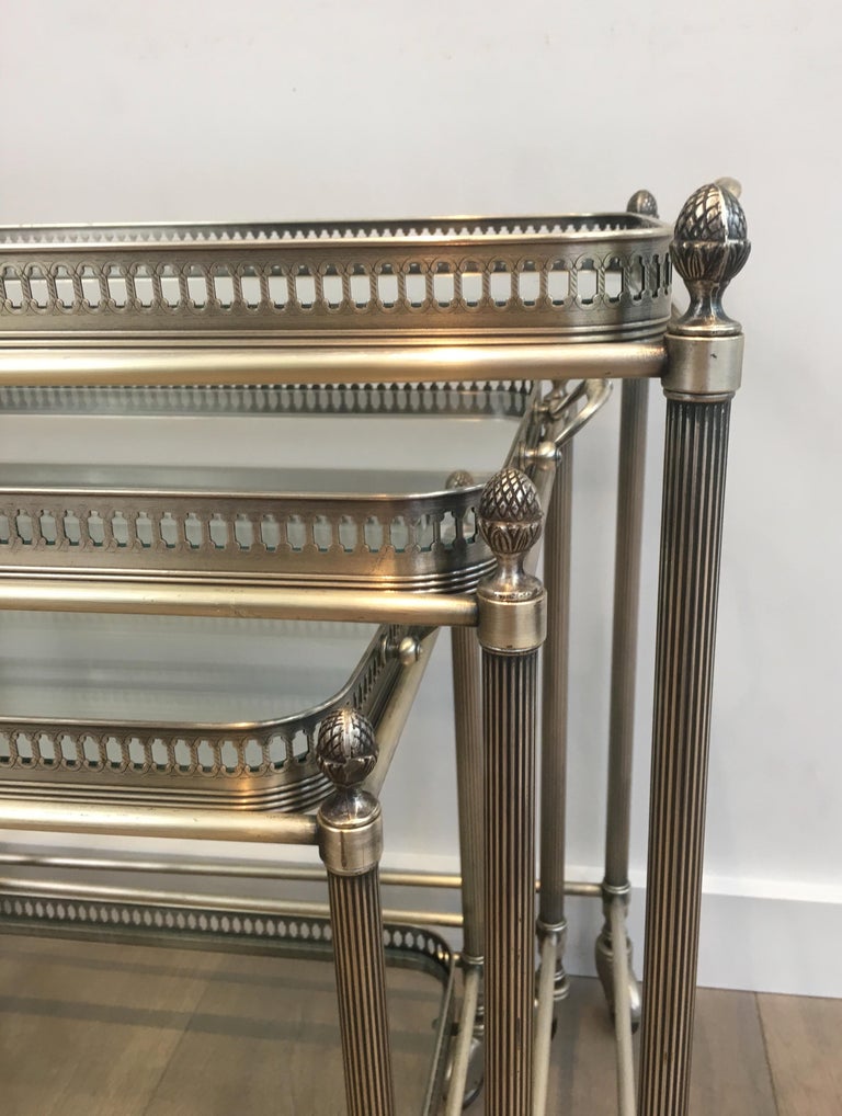 Maison Bagués, Rare Set of 3 Neoclassical Style Silvered Brass Nesting Tables For Sale 9