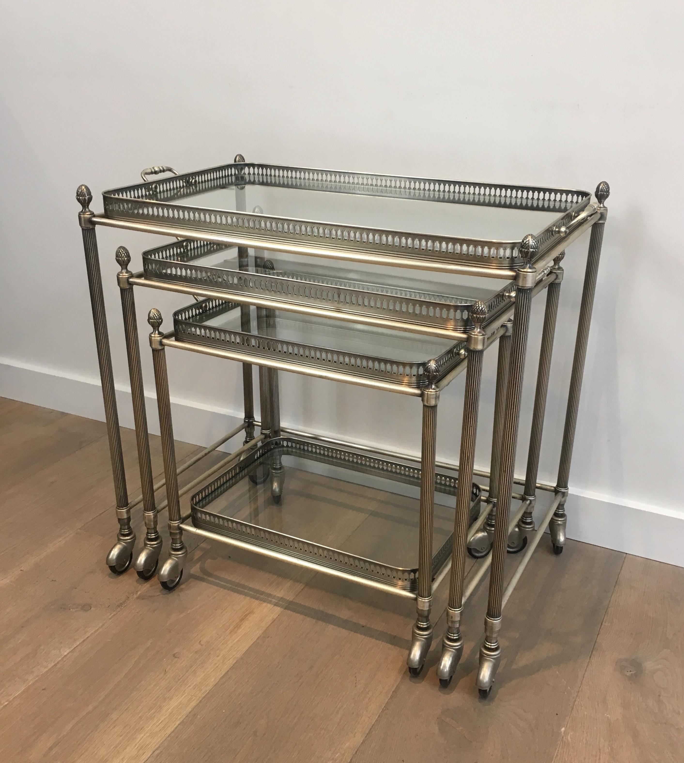 Maison Bagués, Rare Set of 3 Neoclassical Style Silvered Brass Nesting Tables 14