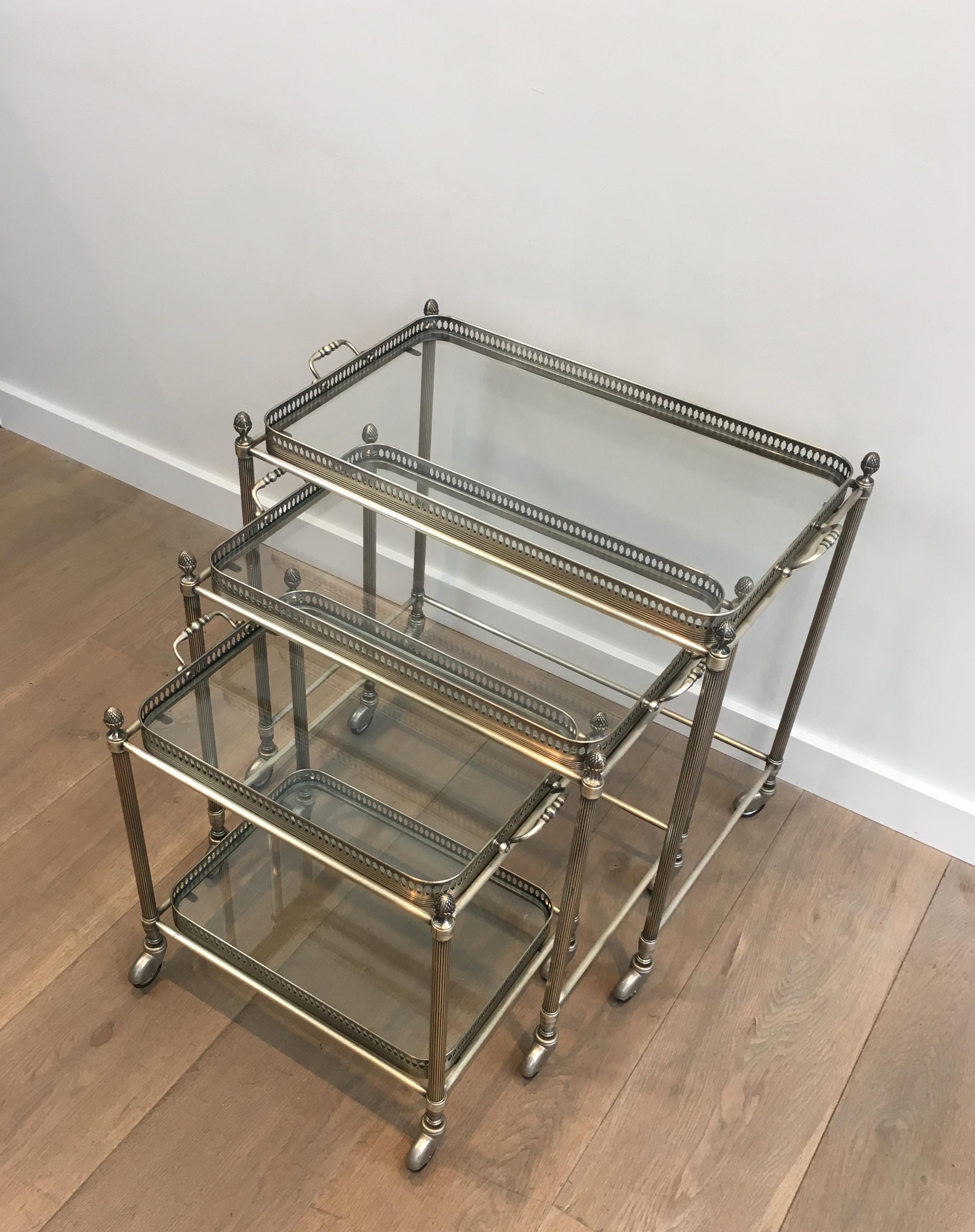 Maison Bagués, Rare Set of 3 Neoclassical Style Silvered Brass Nesting Tables 15
