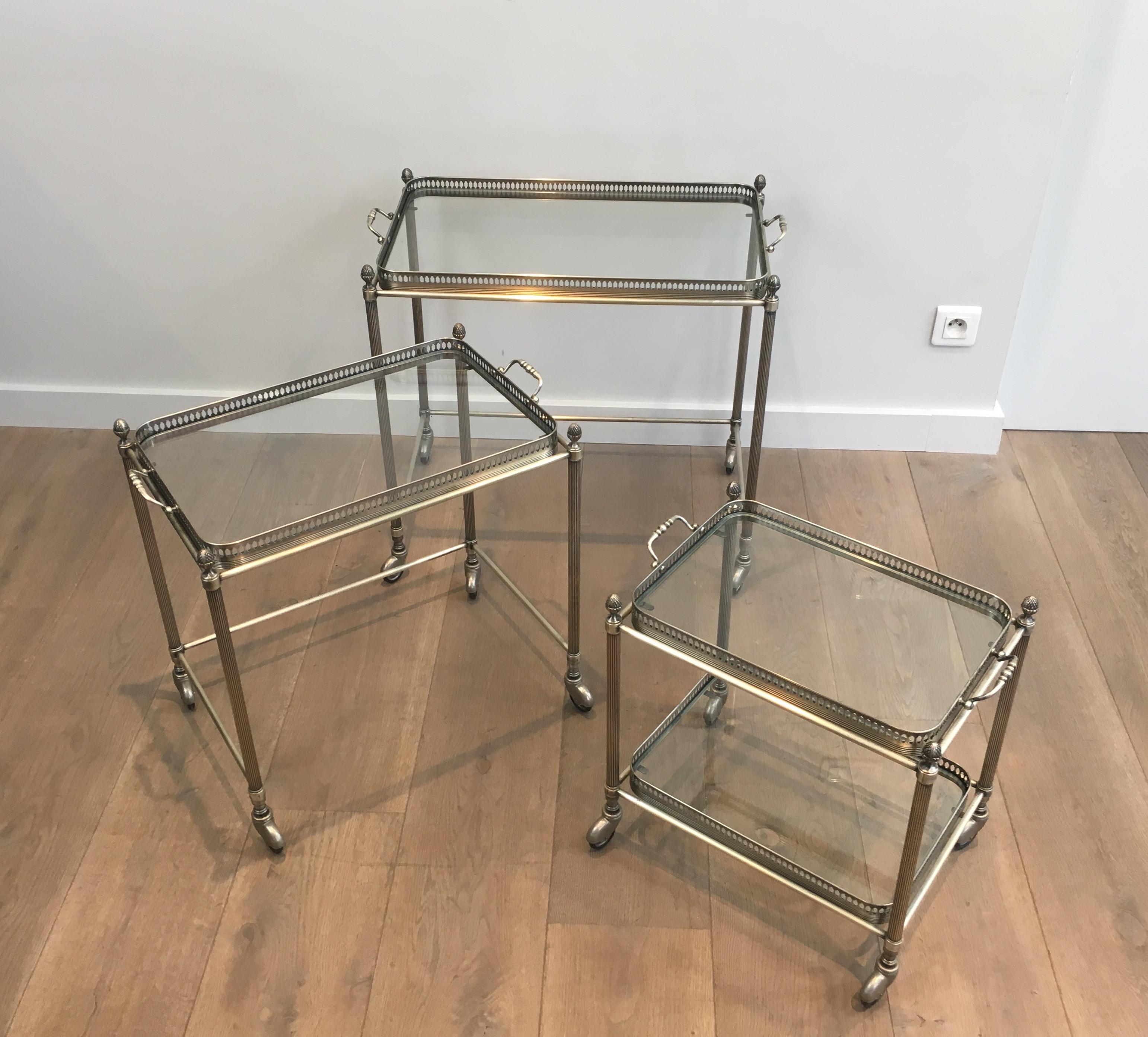 French Maison Bagués, Rare Set of 3 Neoclassical Style Silvered Brass Nesting Tables
