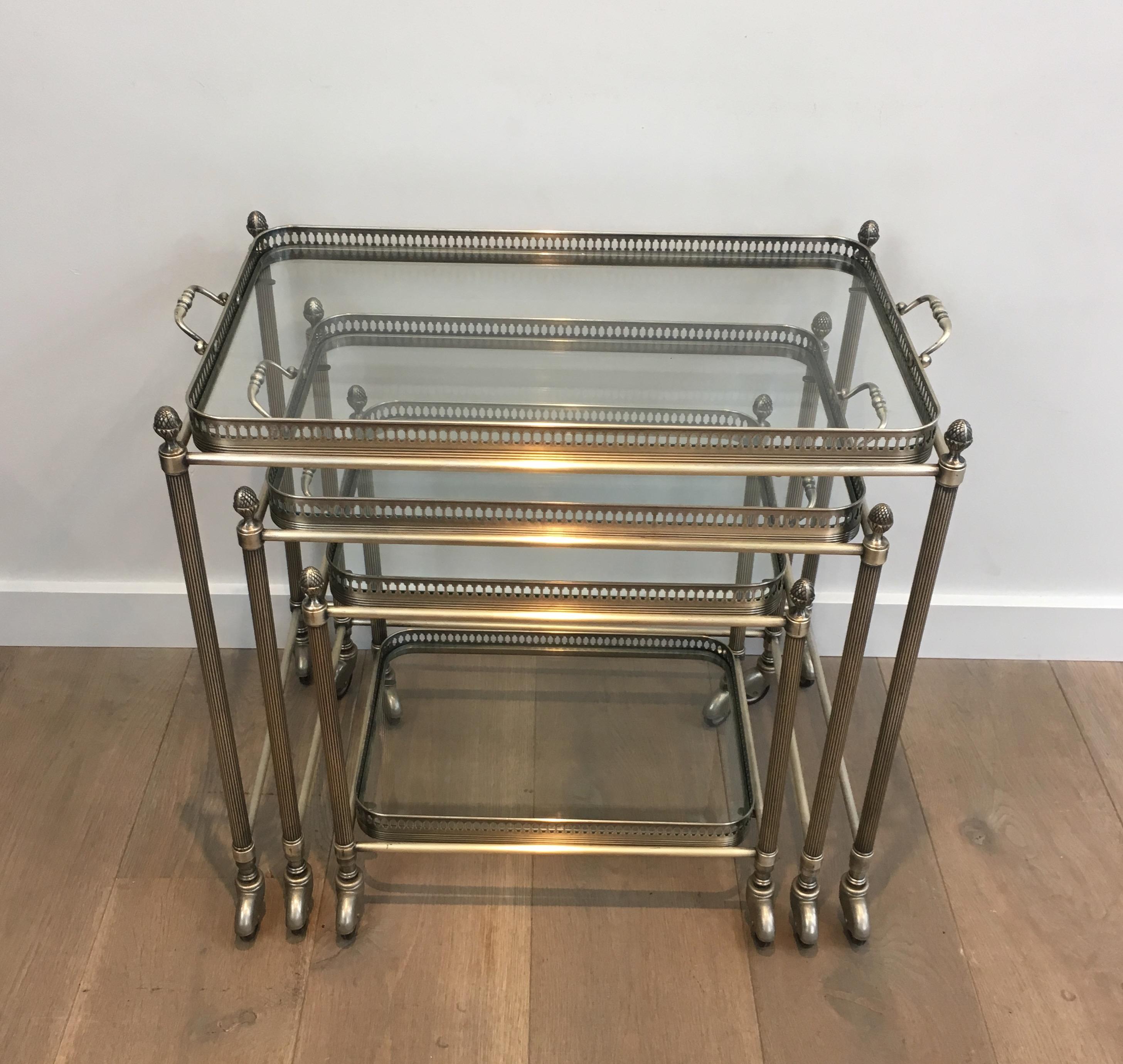Mid-20th Century Maison Bagués, Rare Set of 3 Neoclassical Style Silvered Brass Nesting Tables