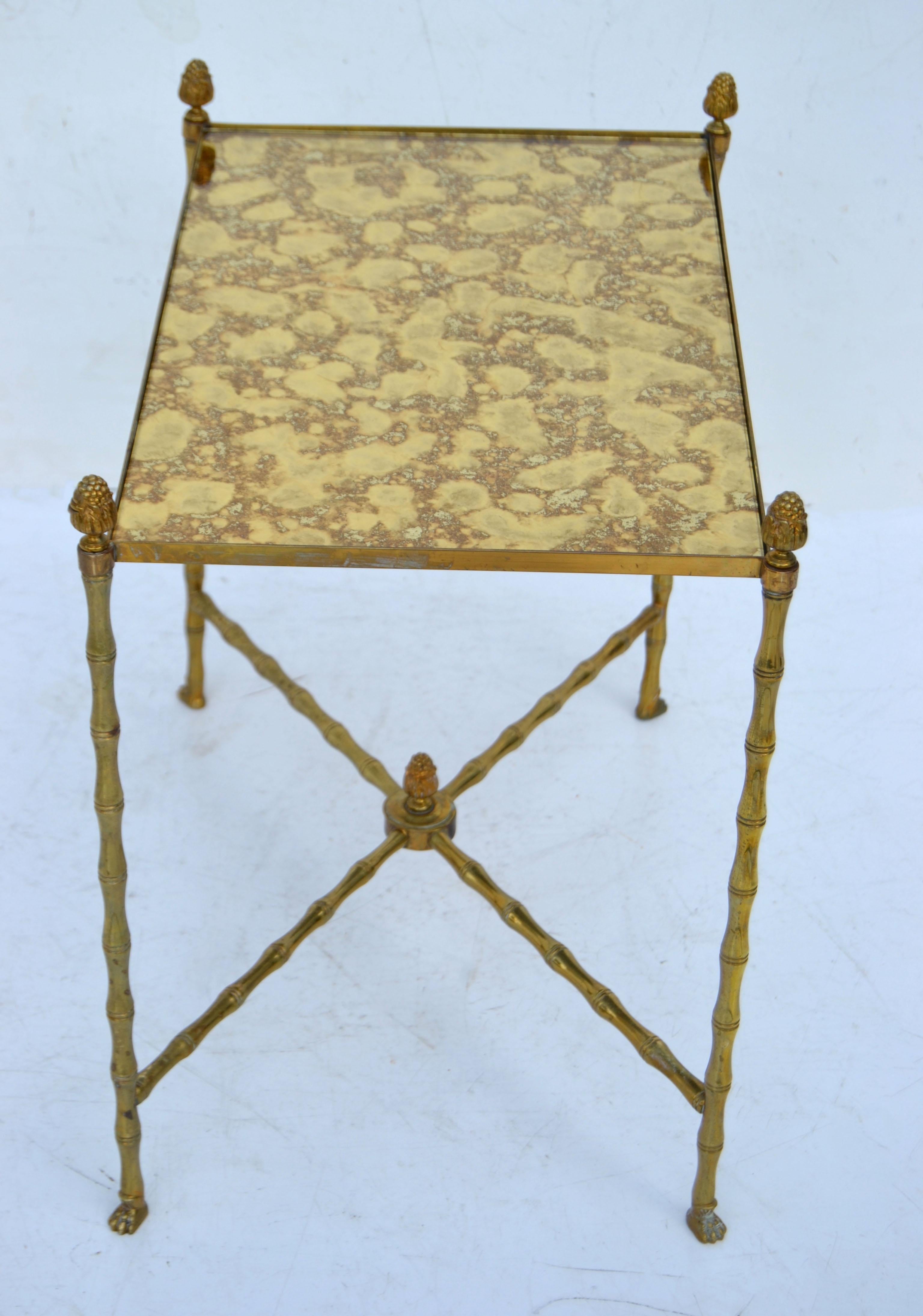 Mid-20th Century Maison Bagués Rectangular Faux Bamboo Side Table Cross Base Neoclassical, 1960
