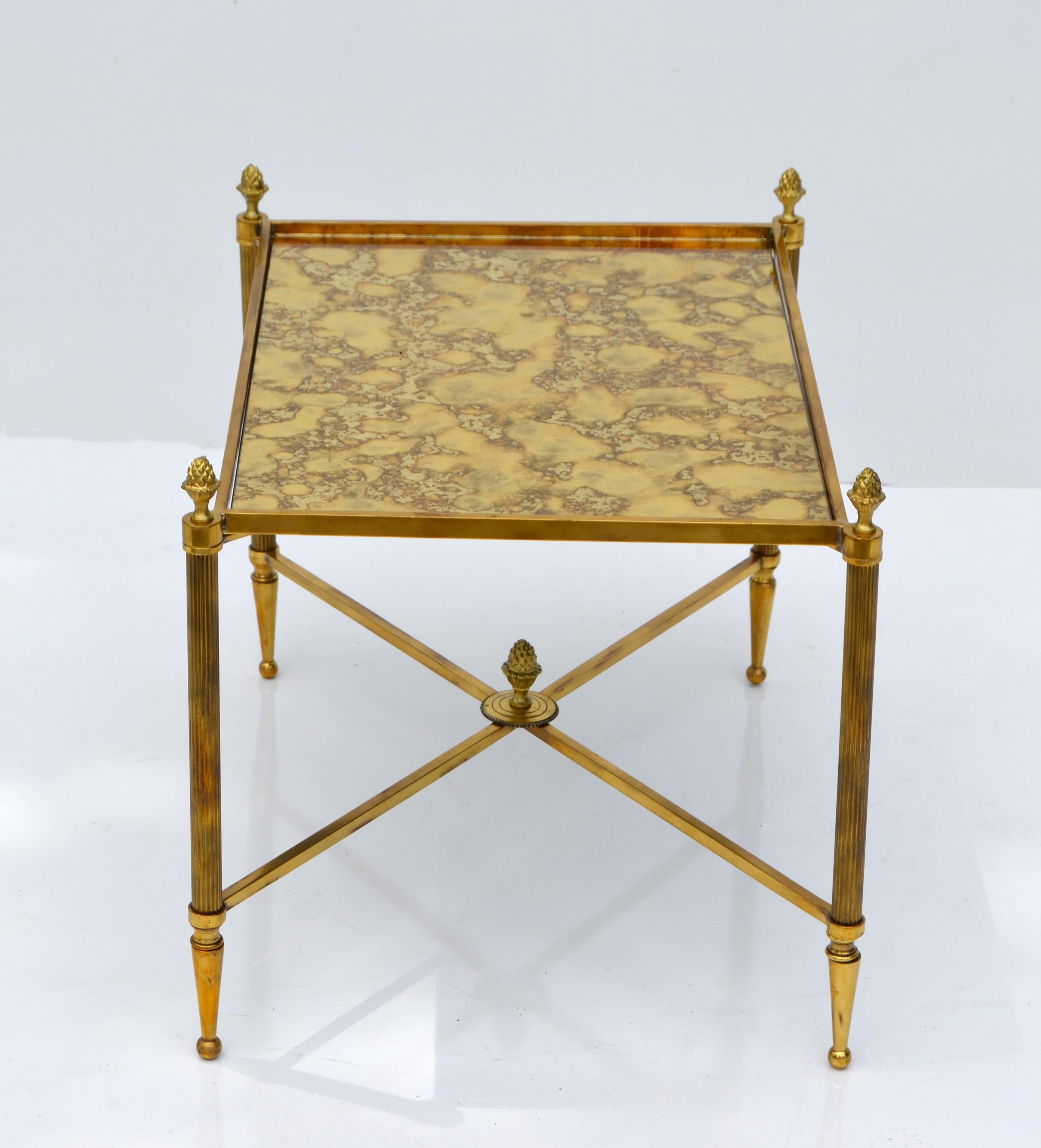 French Maison Bagués Rectangular Side Table Cross Base Cloudy Mirror Top Neoclassical