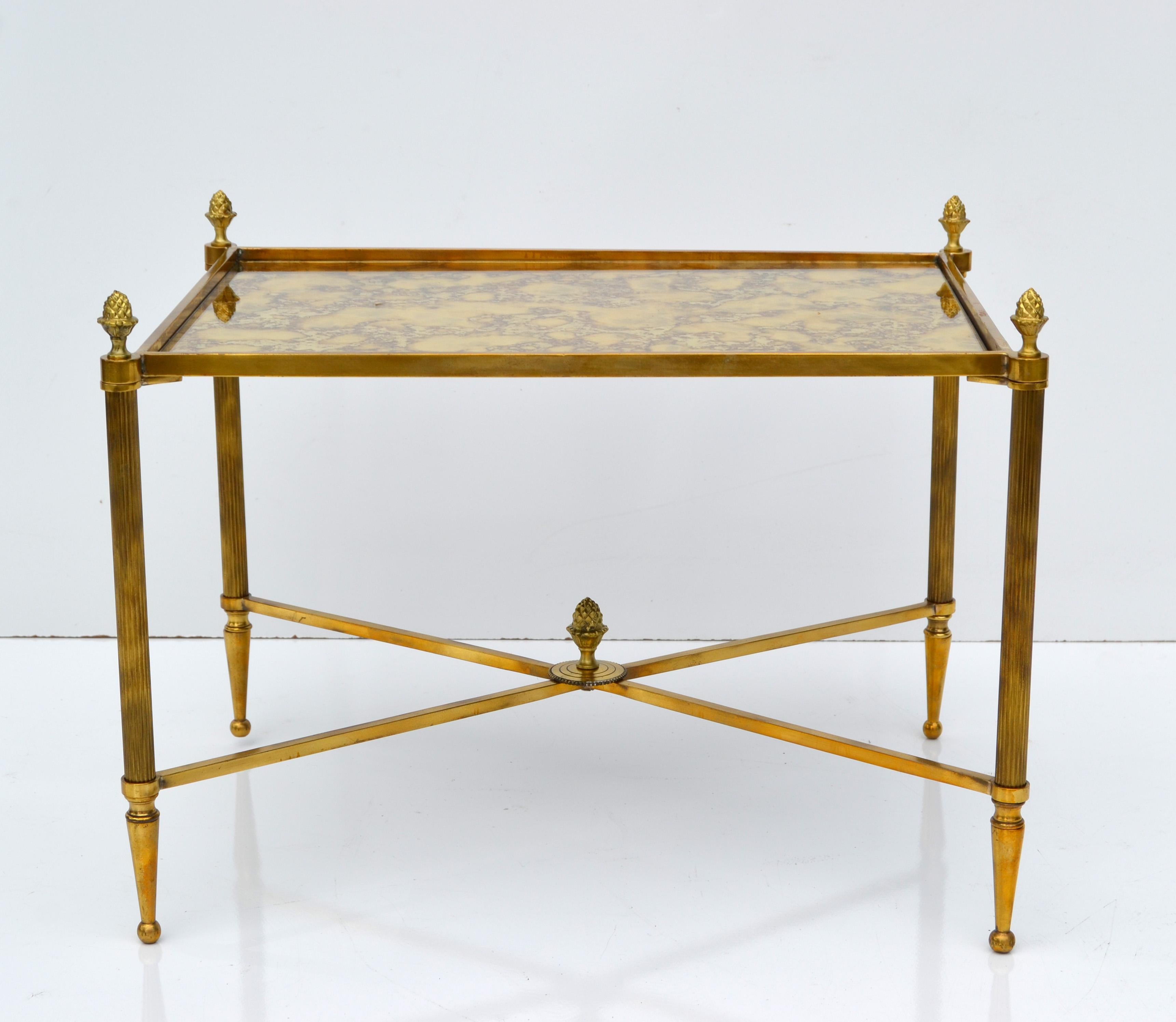 Hand-Crafted Maison Bagués Rectangular Side Table Cross Base Cloudy Mirror Top Neoclassical