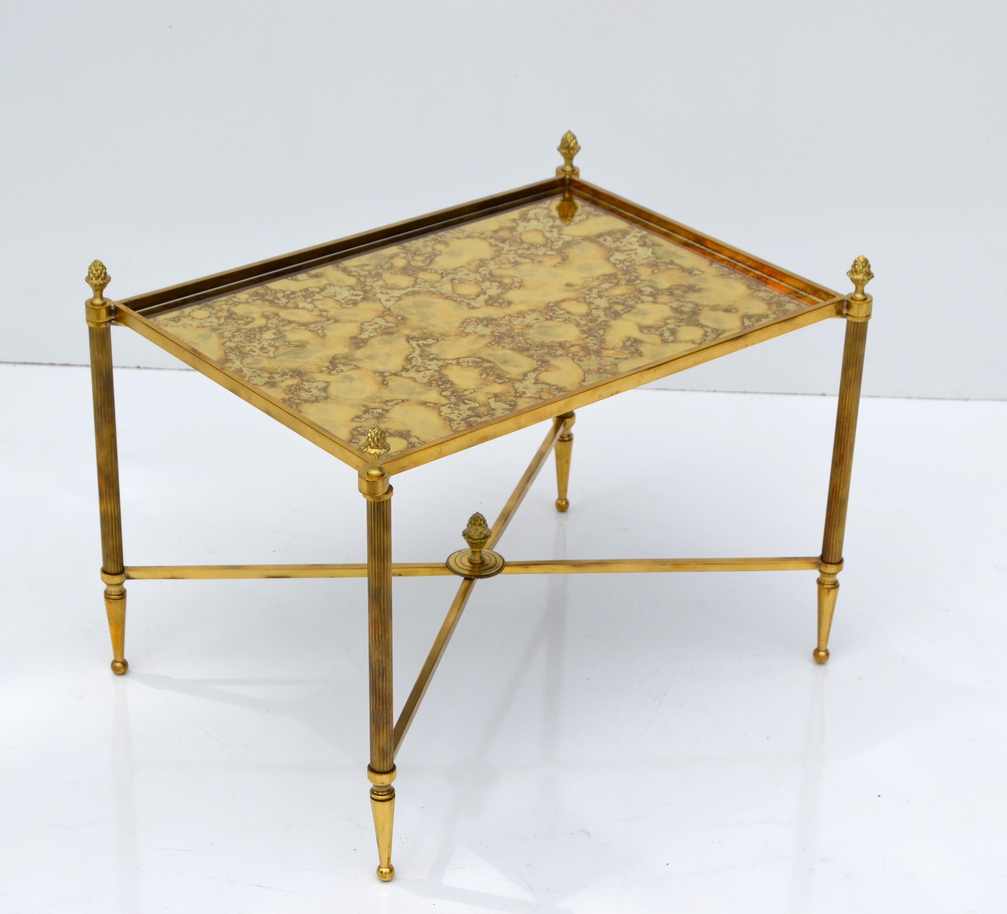 Maison Bagués Rectangular Side Table Cross Base Cloudy Mirror Top Neoclassical In Good Condition In Miami, FL