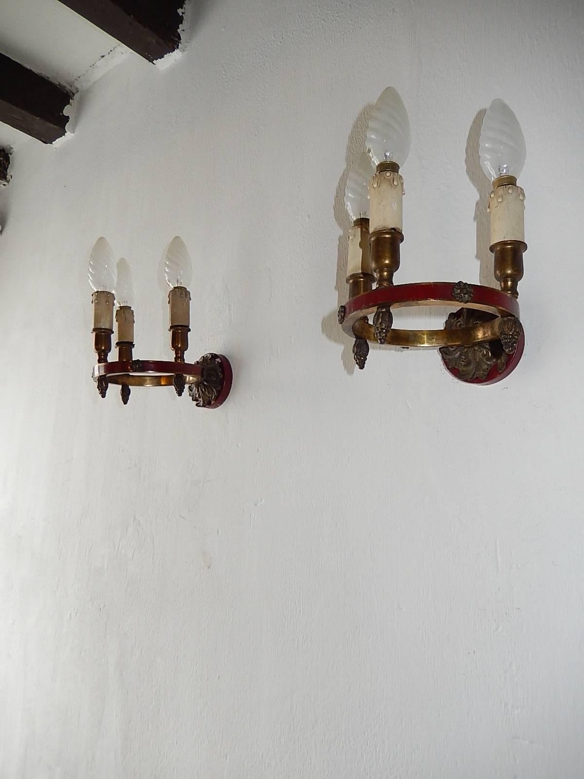 Early 20th Century Maison Baguès Red Bronze Three-Light Sconces, circa 1920 Marked For Sale