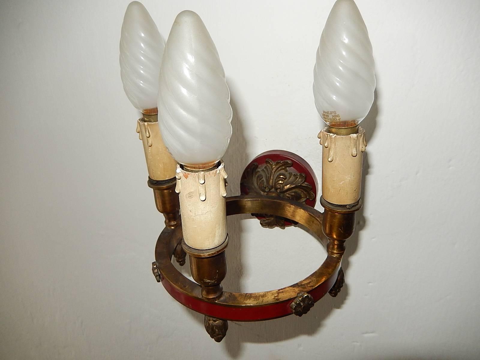 Maison Baguès Red Bronze Three-Light Sconces, circa 1920 Marked For Sale 3