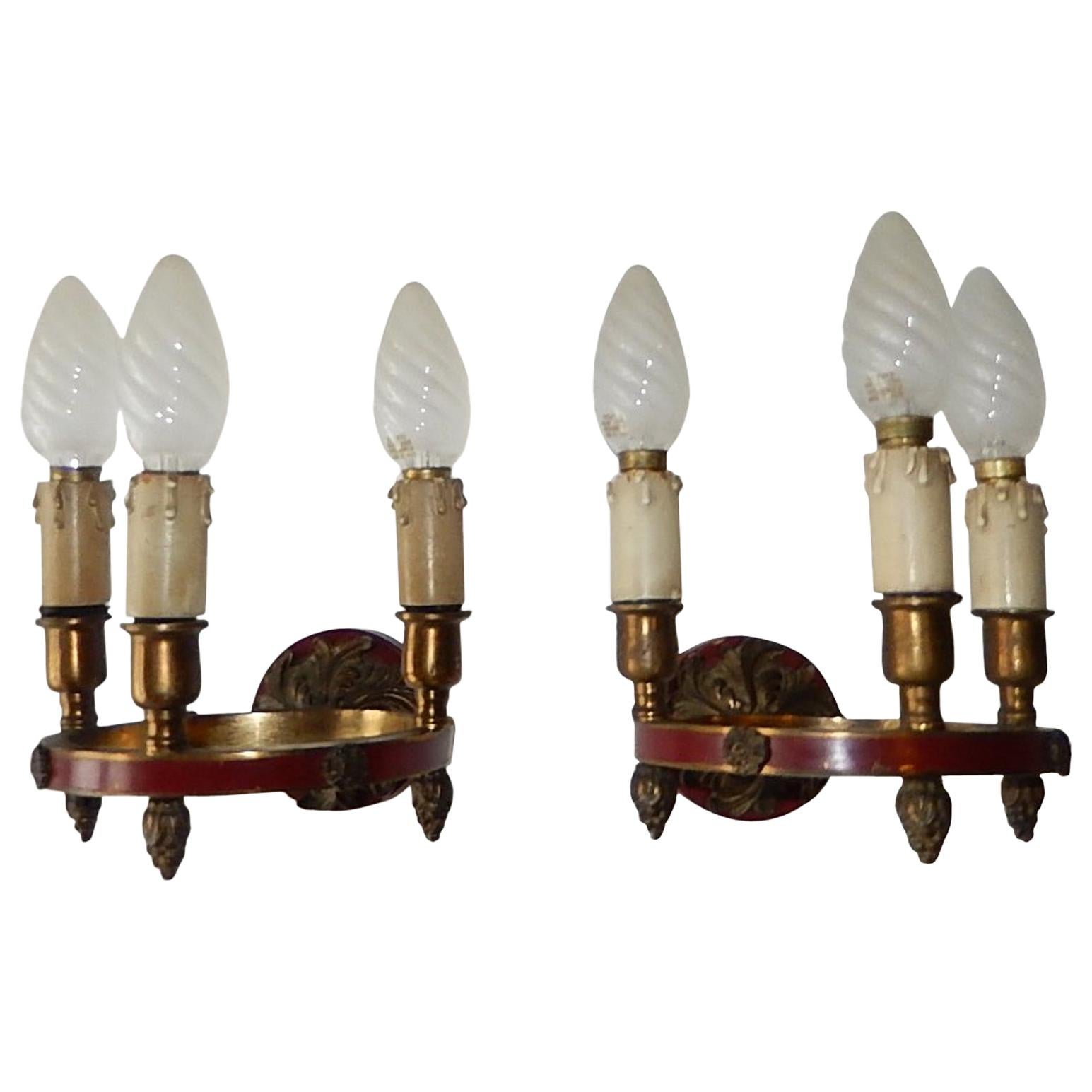 Maison Baguès Red Bronze Three-Light Sconces, circa 1920 Marked For Sale