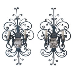 Maison Baguès Sconces Signed Urn Flowers Blue Sconces Big, c 1930