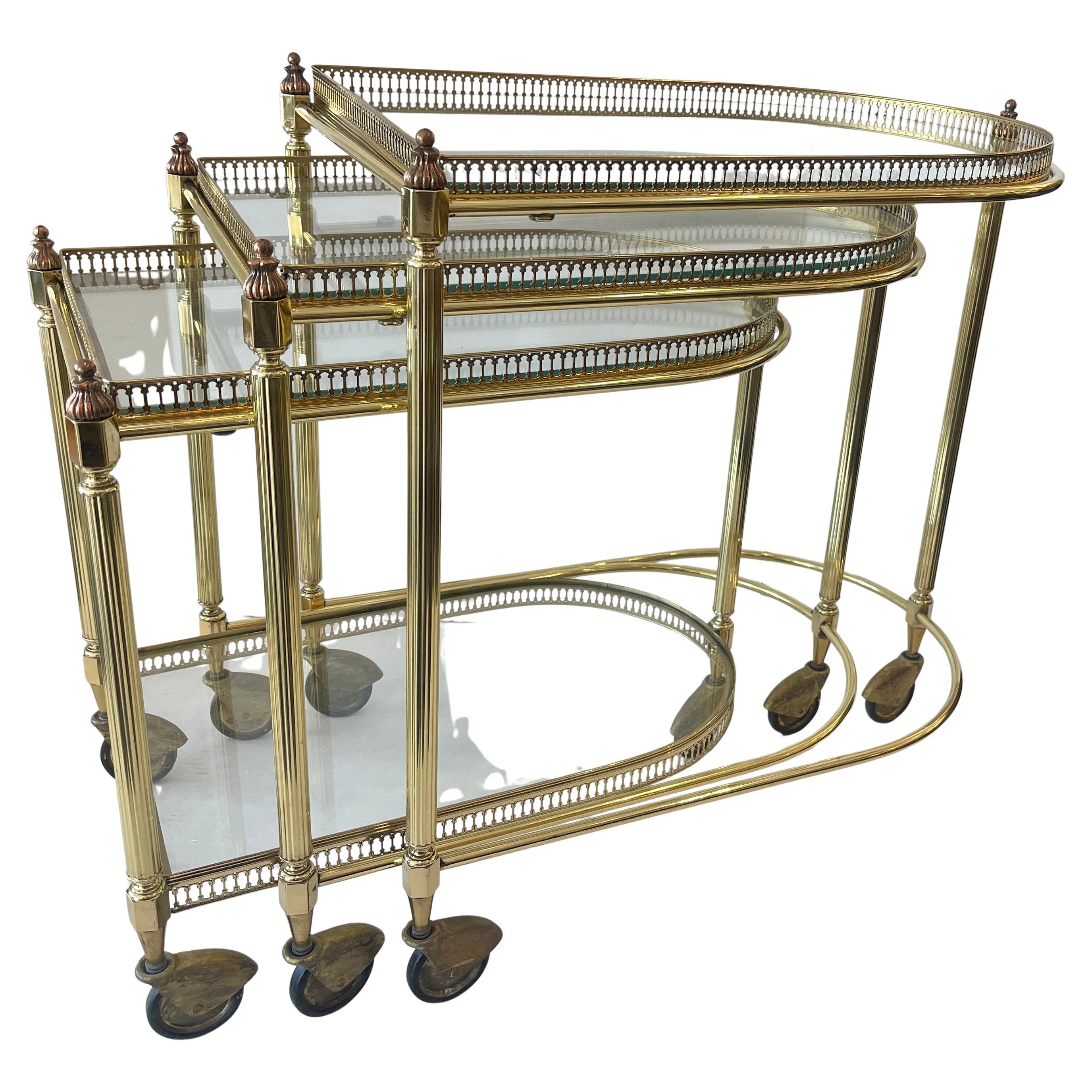 Maison Baguès Set Of Tthree Brass & Gallery Nesting Drinks Trolleys, 1940s