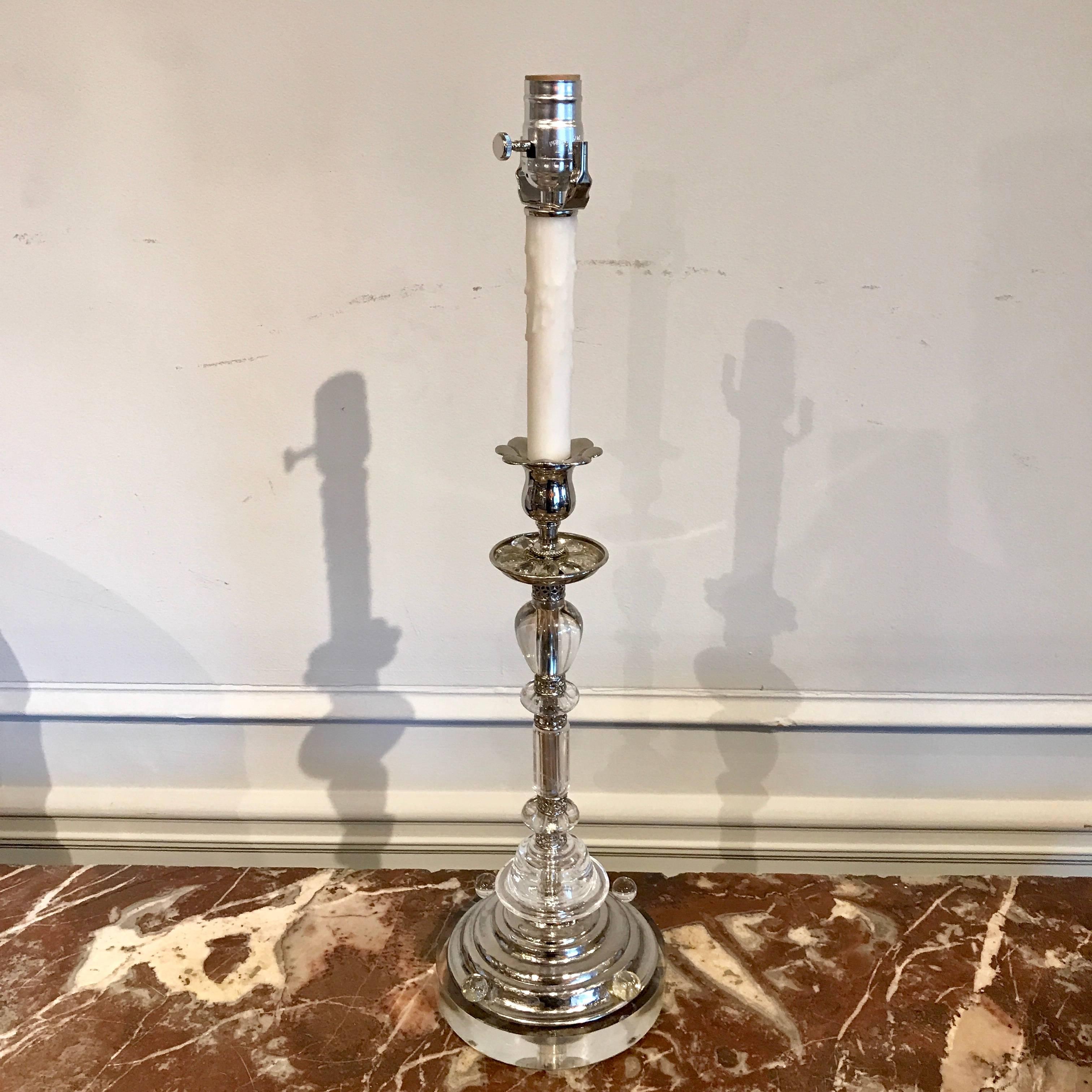 Art Deco Maison Baguès Silvered Rock Crystal Candlestick, Now as a Lamp For Sale