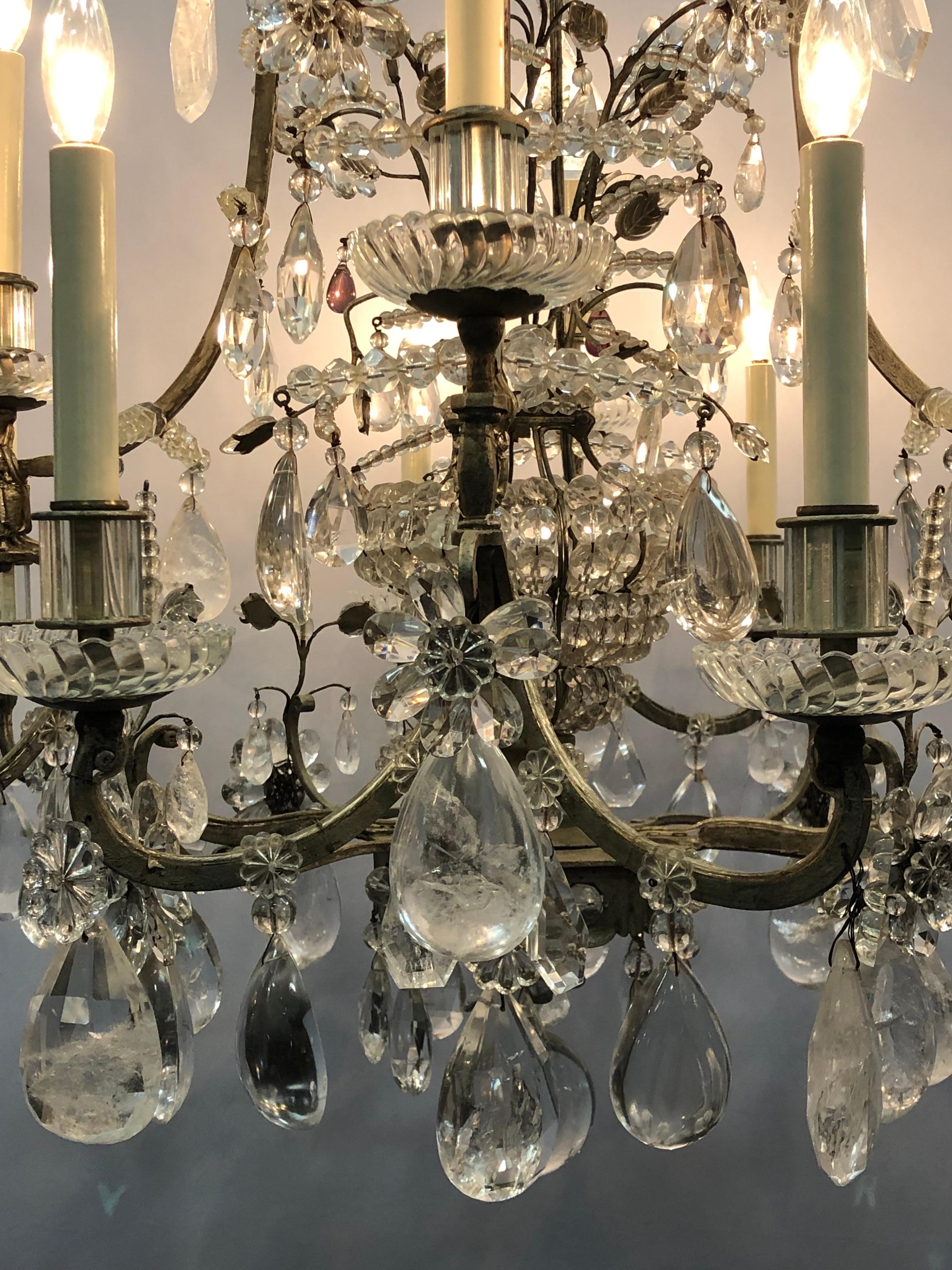 Maison Baguès attributed, Wrought Iron Rock Crystal 12 Light Chandelier For Sale 3