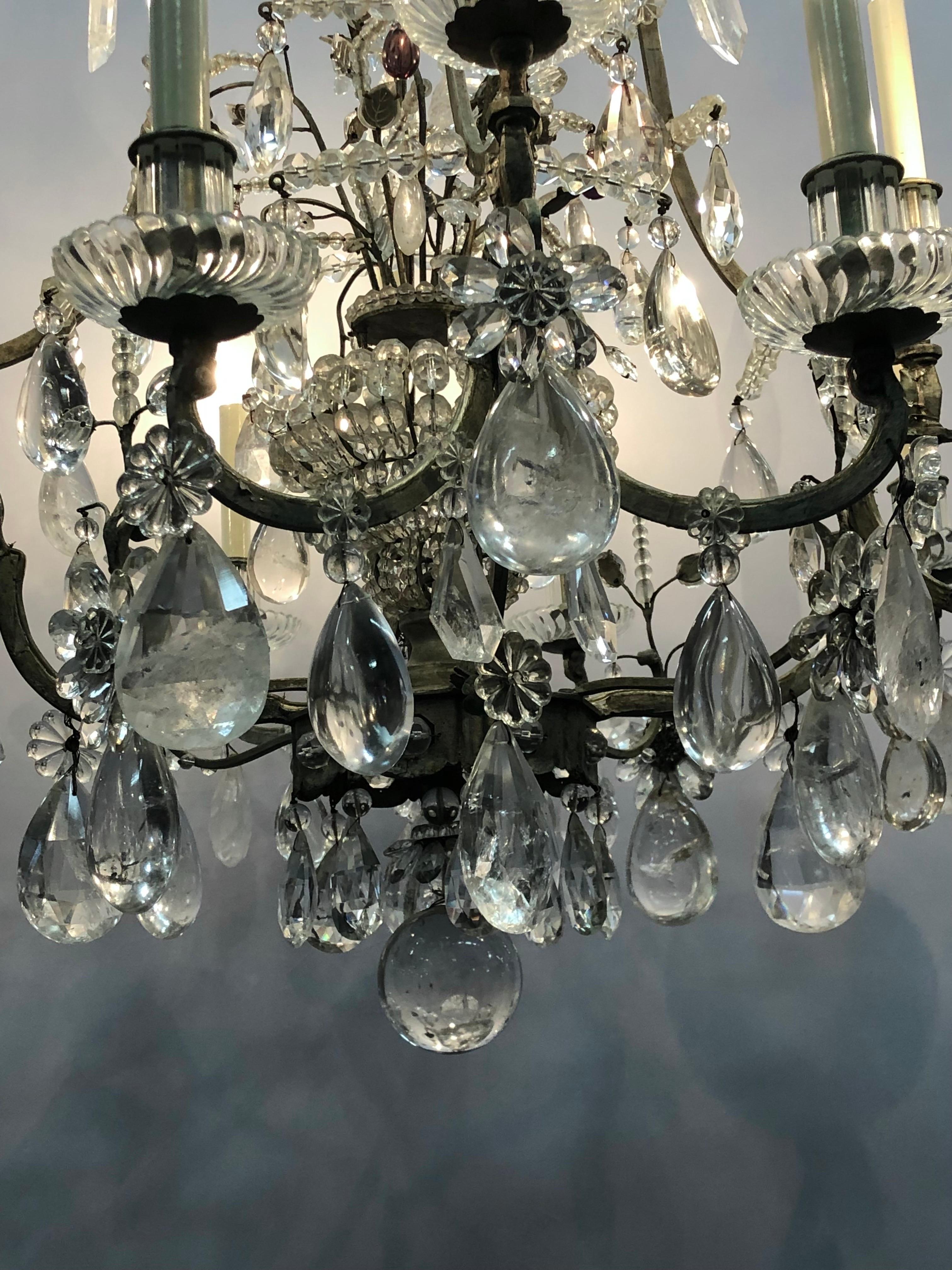 Maison Baguès attributed, Wrought Iron Rock Crystal 12 Light Chandelier For Sale 6