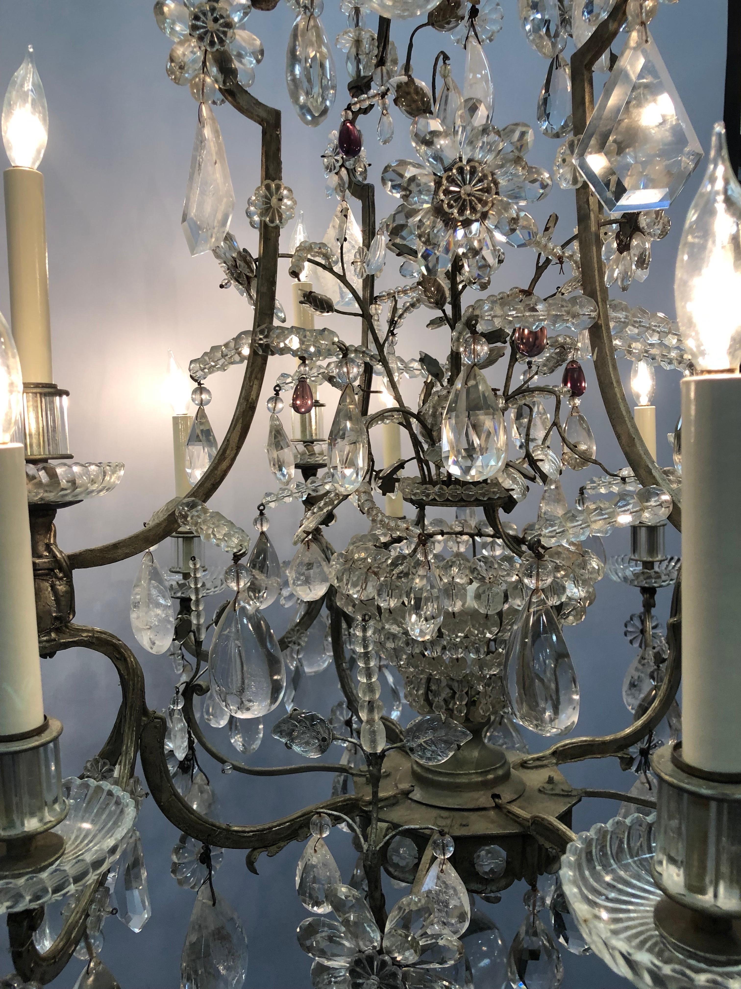 French Maison Baguès attributed, Wrought Iron Rock Crystal 12 Light Chandelier For Sale