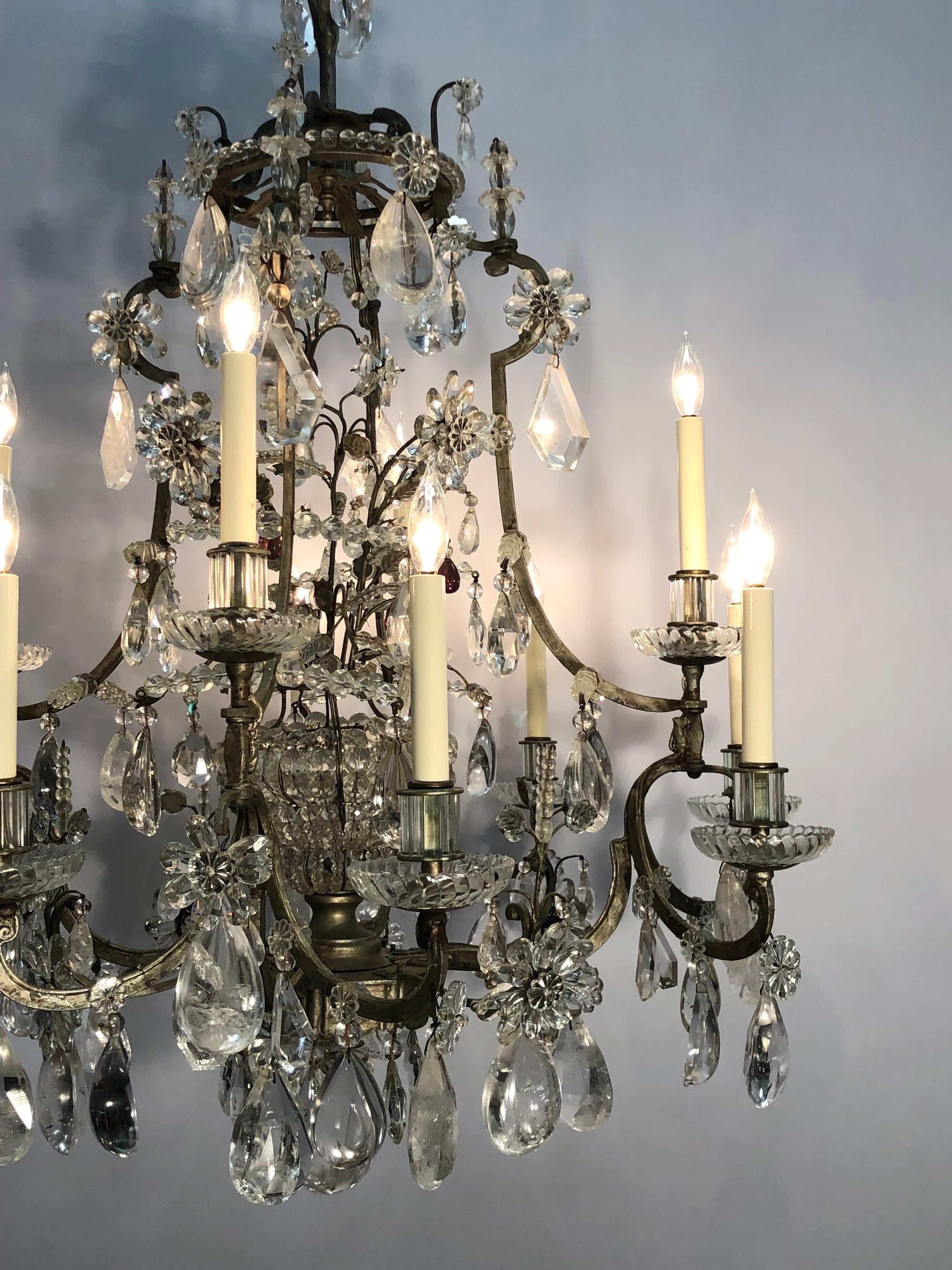 Maison Baguès attributed, Wrought Iron Rock Crystal 12 Light Chandelier In Good Condition For Sale In Charleston, SC