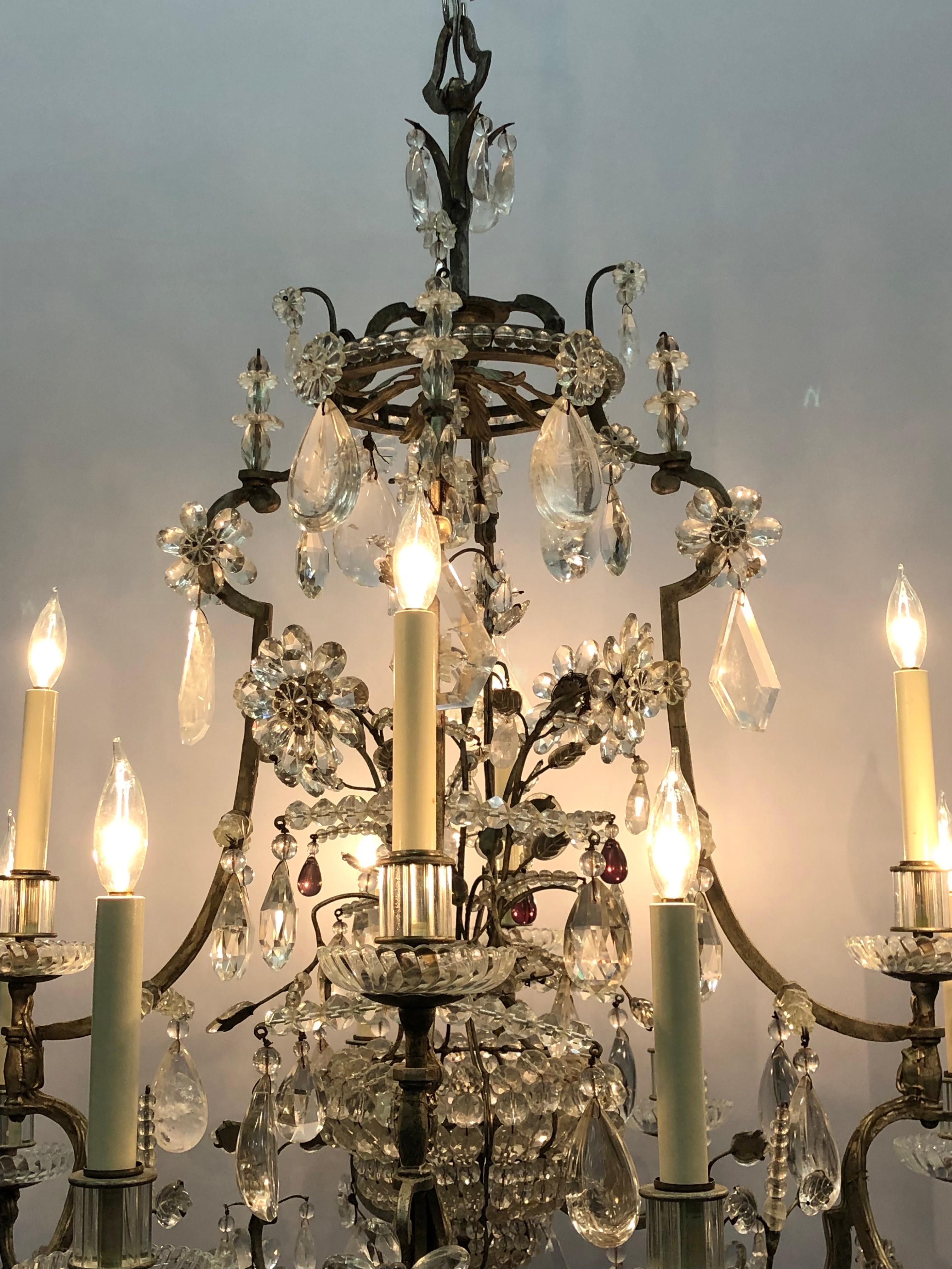 20th Century Maison Baguès attributed, Wrought Iron Rock Crystal 12 Light Chandelier For Sale
