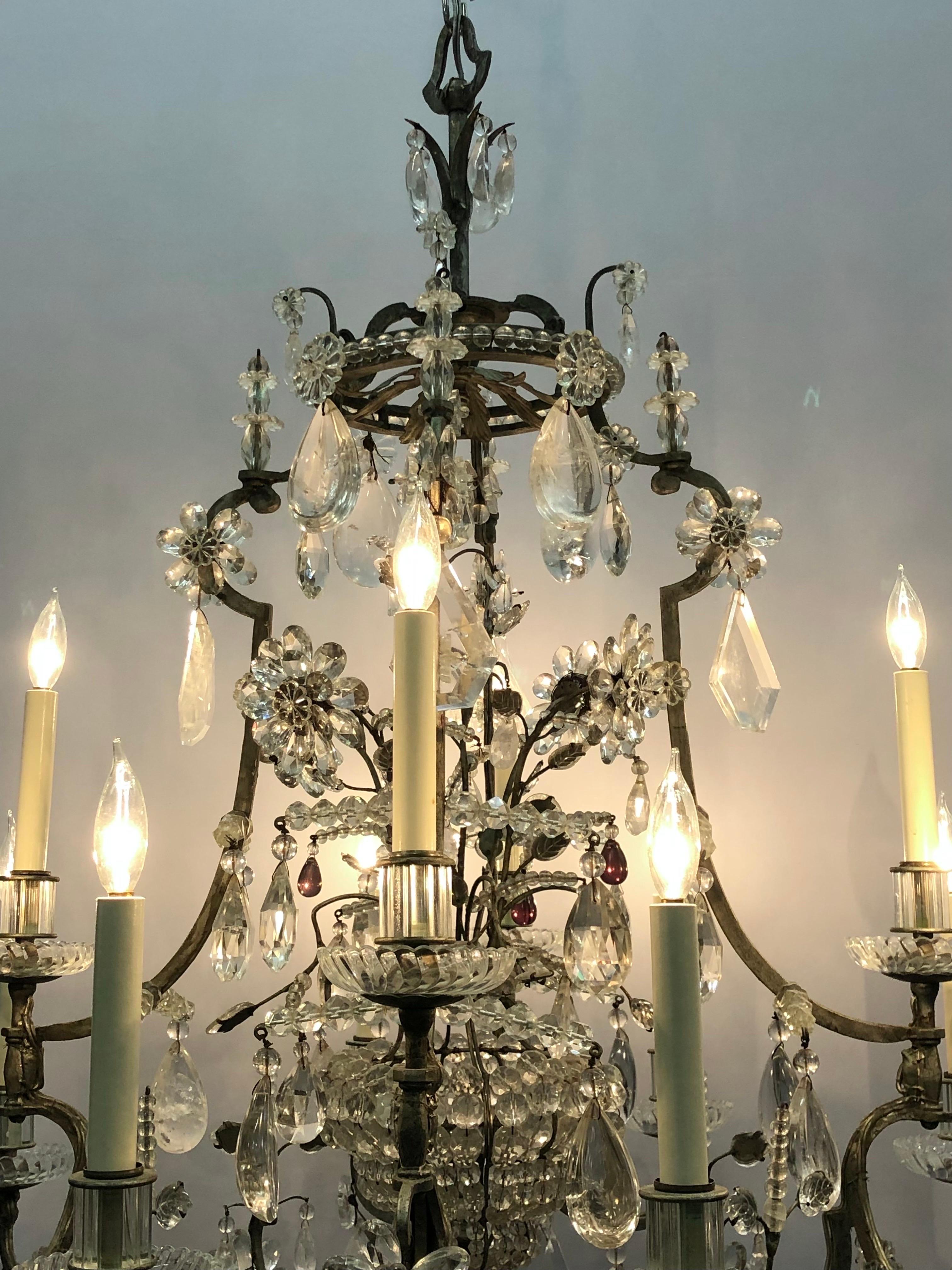 Amethyst Maison Baguès attributed, Wrought Iron Rock Crystal 12 Light Chandelier For Sale