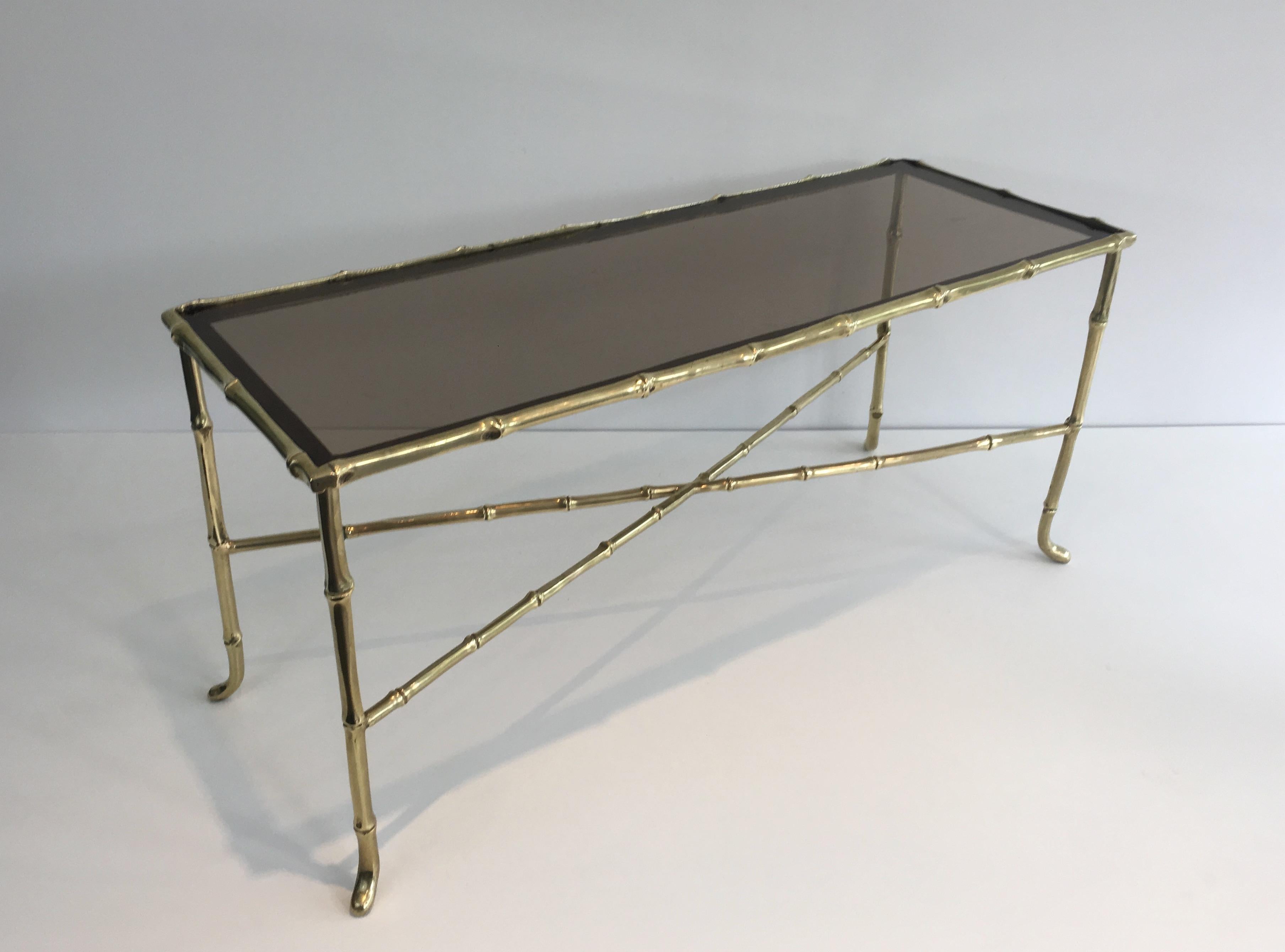 Mid-Century Modern Maison Baguès, Small Faux-Bamboo Bronze Coffee Table with Smoked Glass Shelf