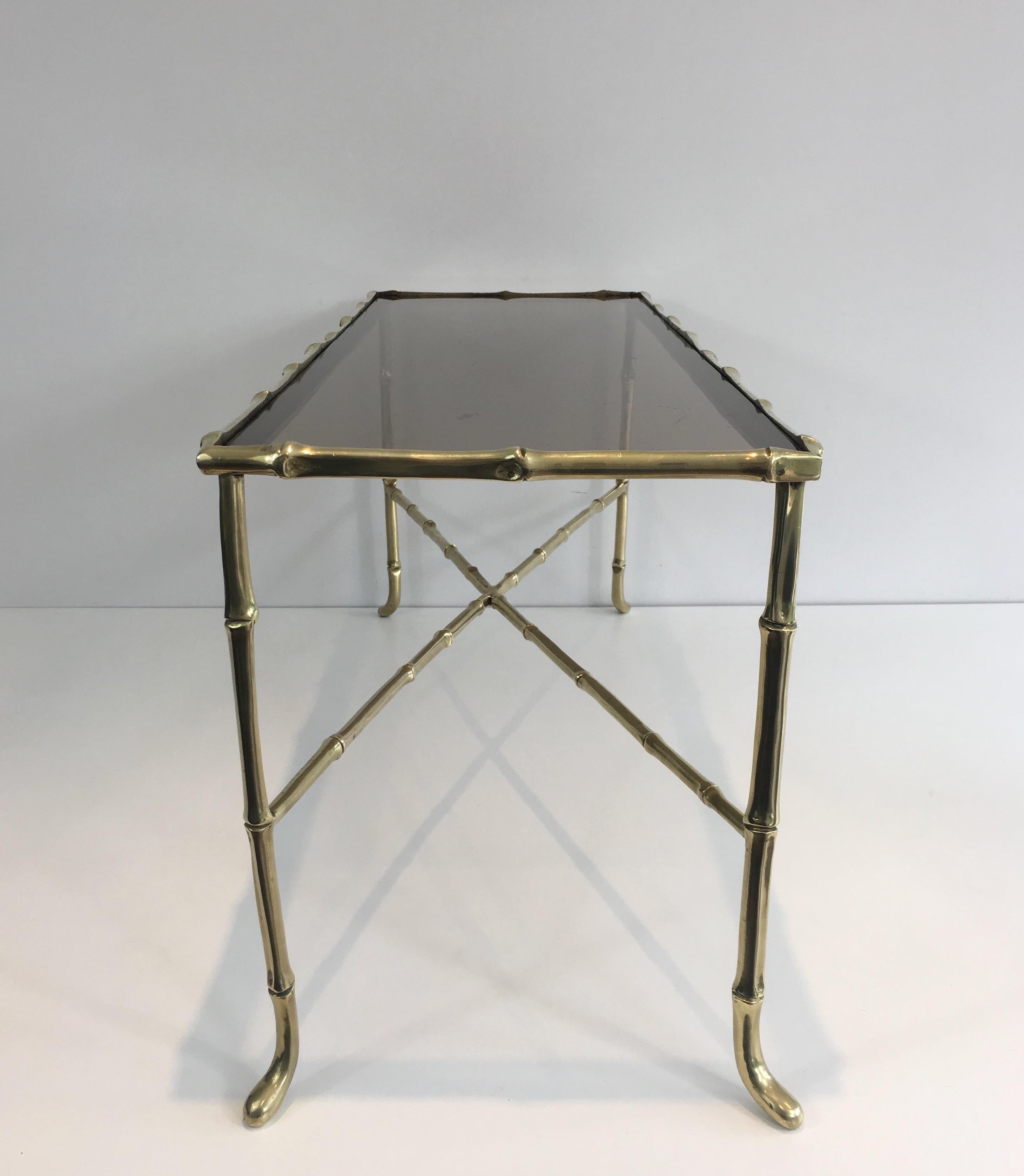 French Maison Baguès, Small Faux-Bamboo Bronze Coffee Table with Smoked Glass Shelf