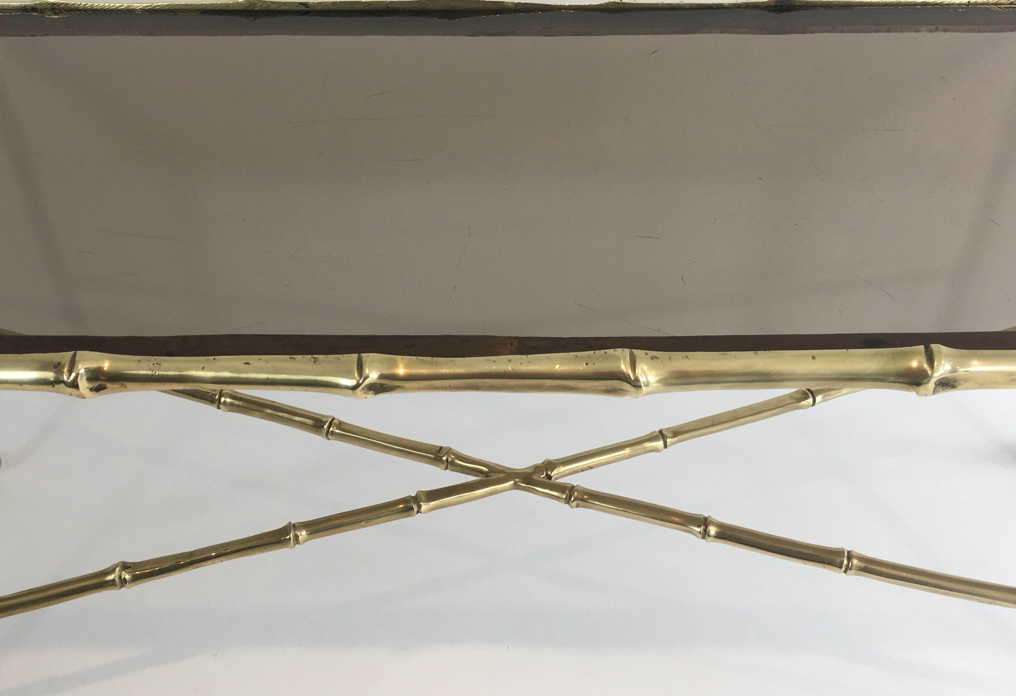 Maison Baguès, Small Faux-Bamboo Bronze Coffee Table with Smoked Glass Shelf In Good Condition In Marcq-en-Barœul, Hauts-de-France