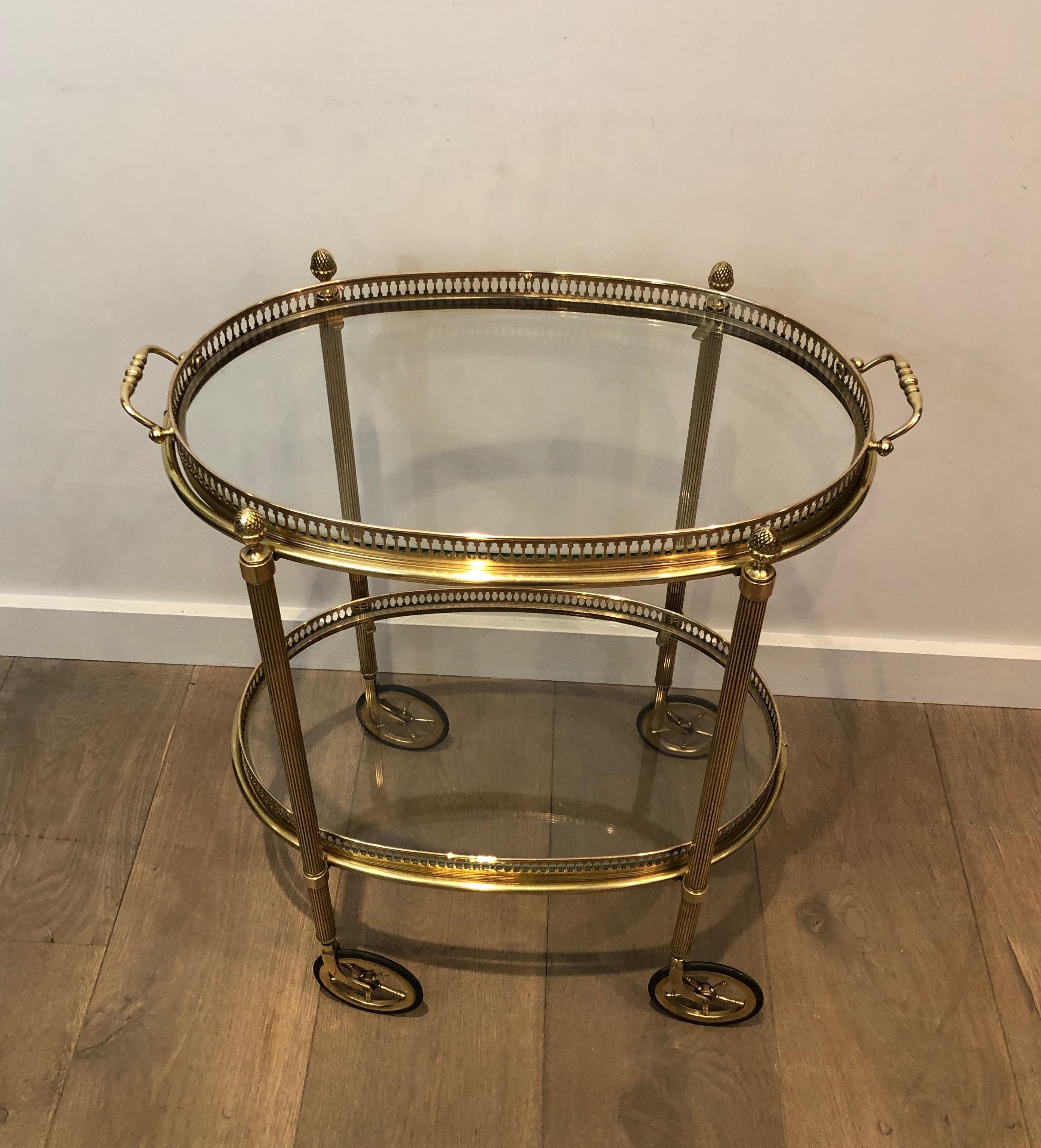Maison Baguès, Small Neoclassical St. Oval Brass Bar Cart with 2 Removable Trays 8