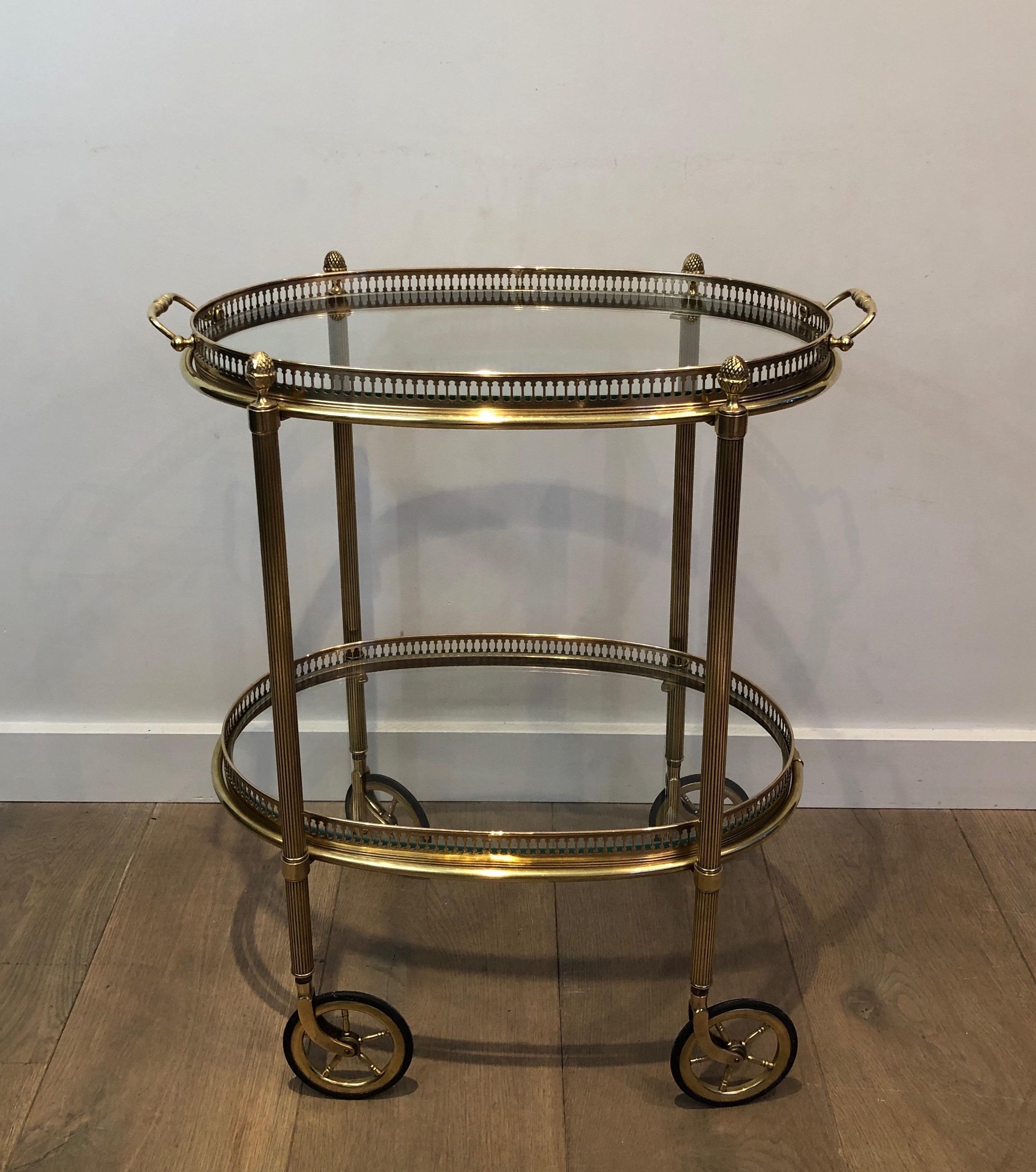 Maison Baguès, Small Neoclassical St. Oval Brass Bar Cart with 2 Removable Trays 9